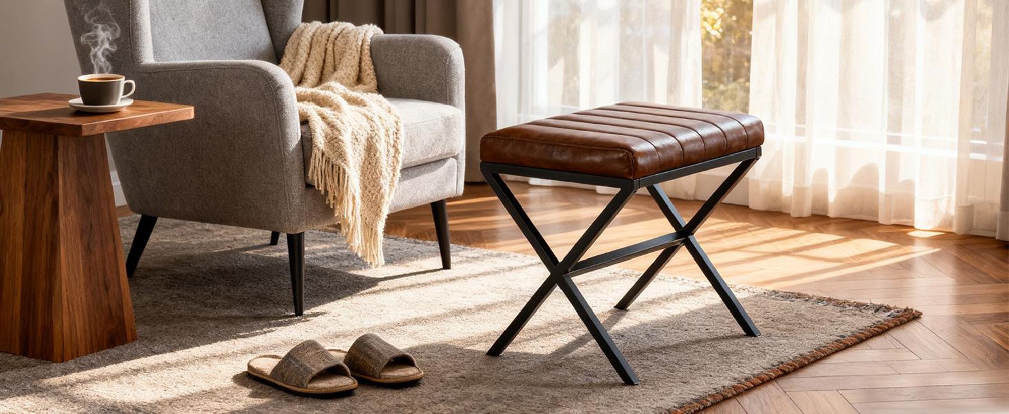 Duhome Sitzhocker KunstlederPolsterhocker Fußhocker Gepolstert Moderner Hocker mit Metallgestell für Flur Wohnzimmer Schlafzimmer, Braun