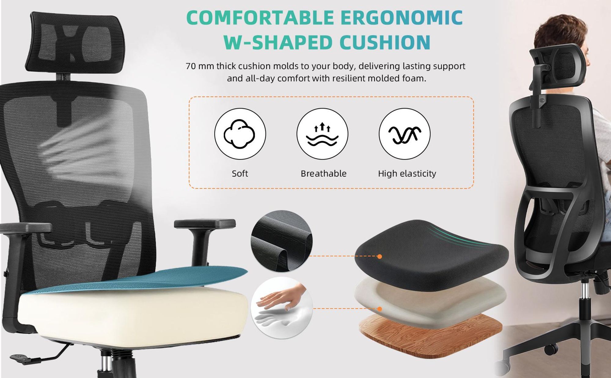HOOLAMYIE Bürostuhl ergonomisch bis 200 kg, Schreibtischstuhl mit Kopfstütze und Lordosenstütze für Homeoffice und Büro