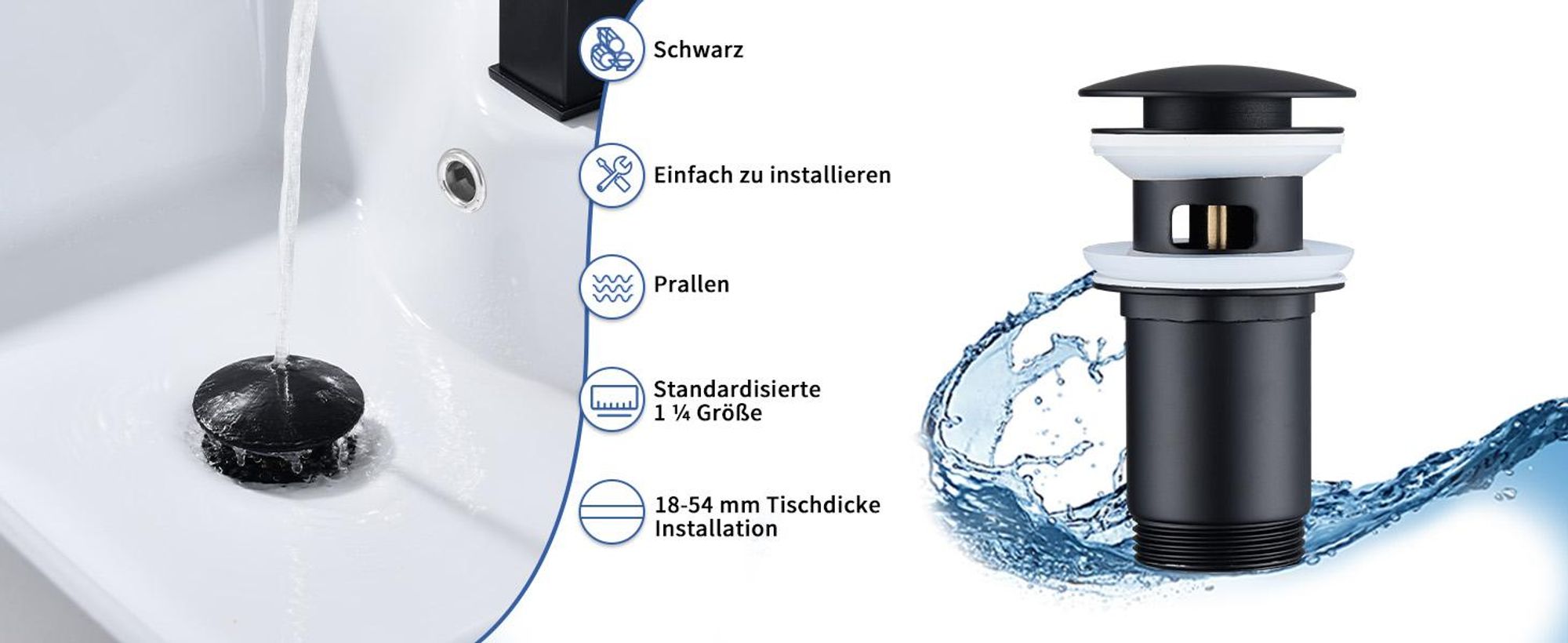 Homelody Wasserhahn Bad mit Pop-Up Ventil Messing Ablaufgarnitur,Schwarz Waschtischarmatur Wasserfall,Waschbecken Armaturen fur waschbecken,Edelstahl