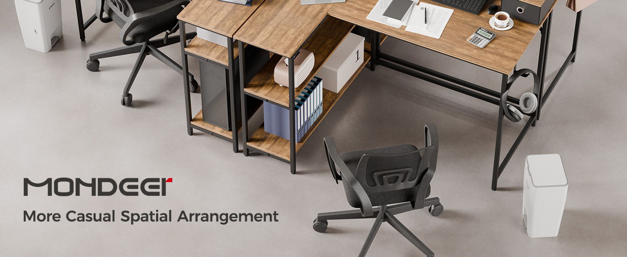 Mondeer L-Förmiger Computertisch Abnehmbare Monitorständer mit 2 Schubladen Schreibtisch mit 2 Regalen links oder rechts 120x90x90cm Vintage Braun