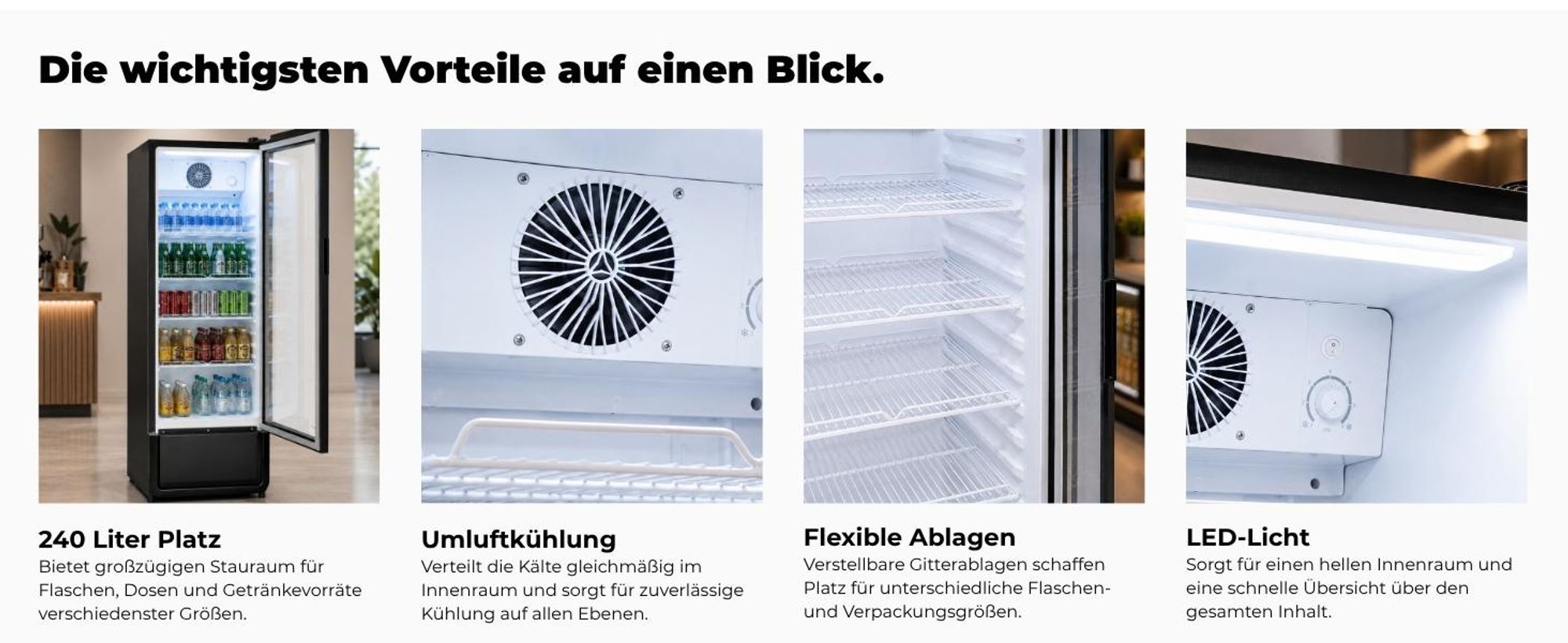 Exquisit Glastürkühlschrank, 240l Getränkekühlschrank mit LED, Umluft, 4 verstellbare Ablagen, CoolPro, GKS5220-GT-431D schwarz