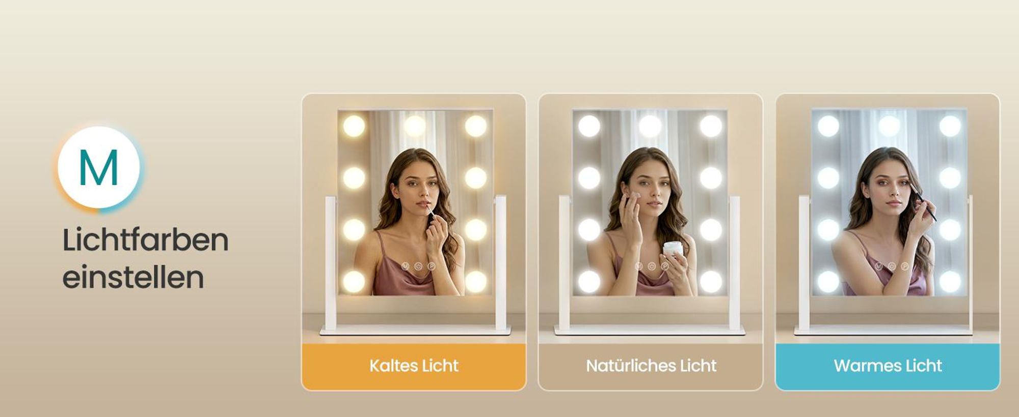 SONGMICS Make-up Spiegel mit LED-Beleuchtung, Kosmetikspiegel, Touch-Steuerung, Handyhalter, 3 Lichtfarben, 25 x 30 cm, weiß
