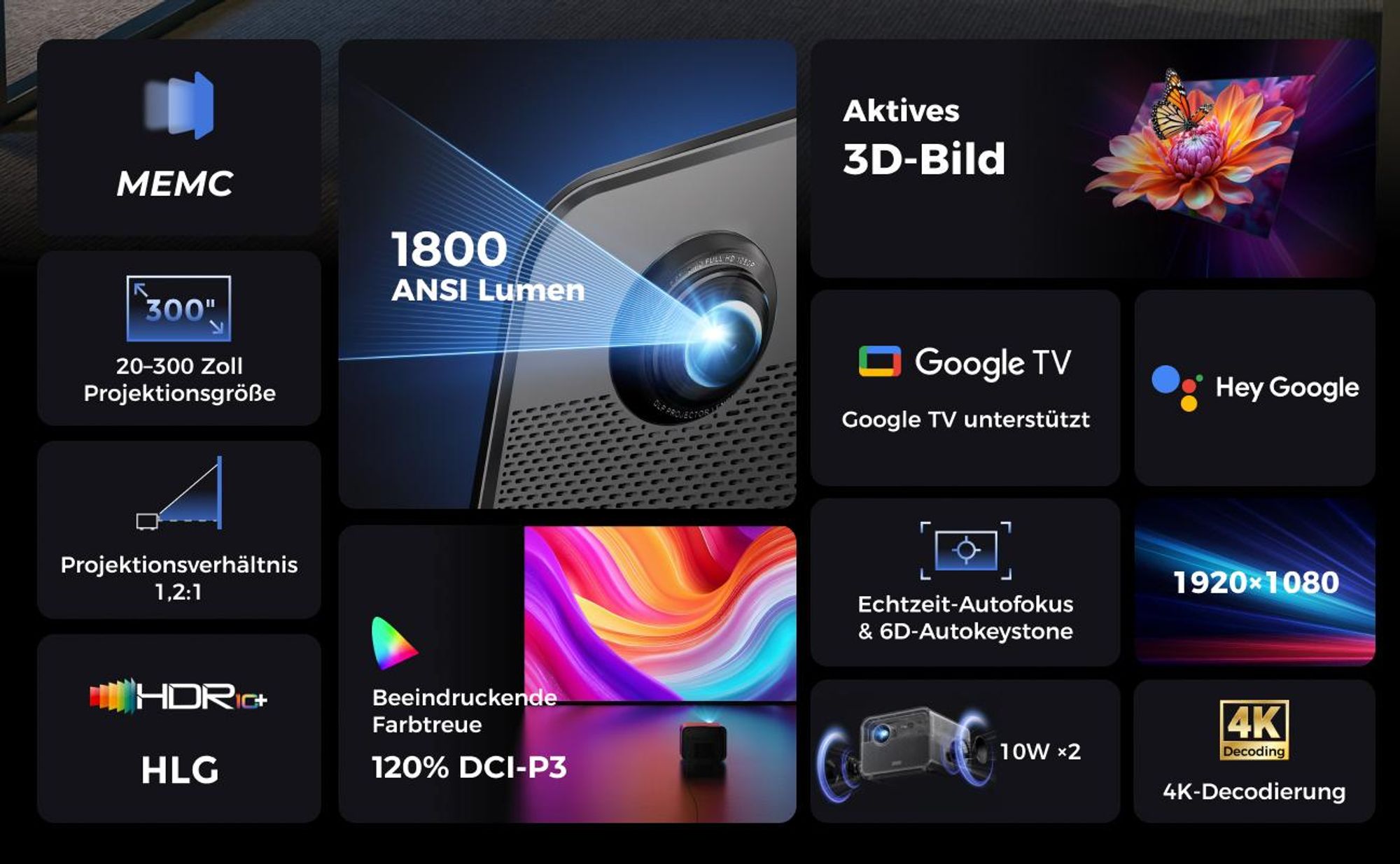 Ultimea Beamer 4k, Poseidon E100 DLP Projektor, 1800 ANSI-Lumen mit Google TV