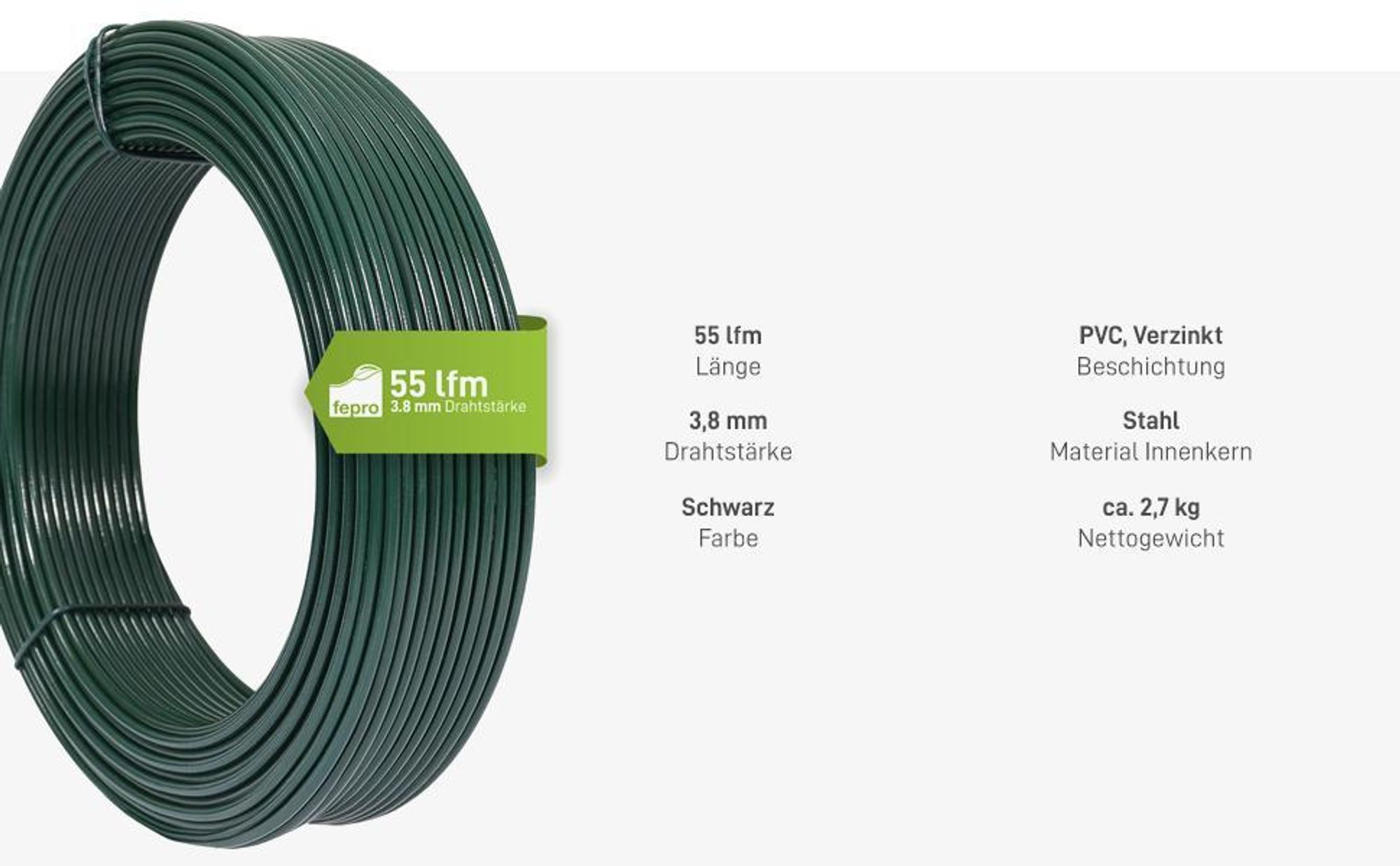 Fepro® Spanndraht 3,8 mm x 55 m, grün, verzinkt und kunststoffbeschichtet - witterungsbeständig, ideal für Maschendraht, Wildzaun, Garten oder basteln