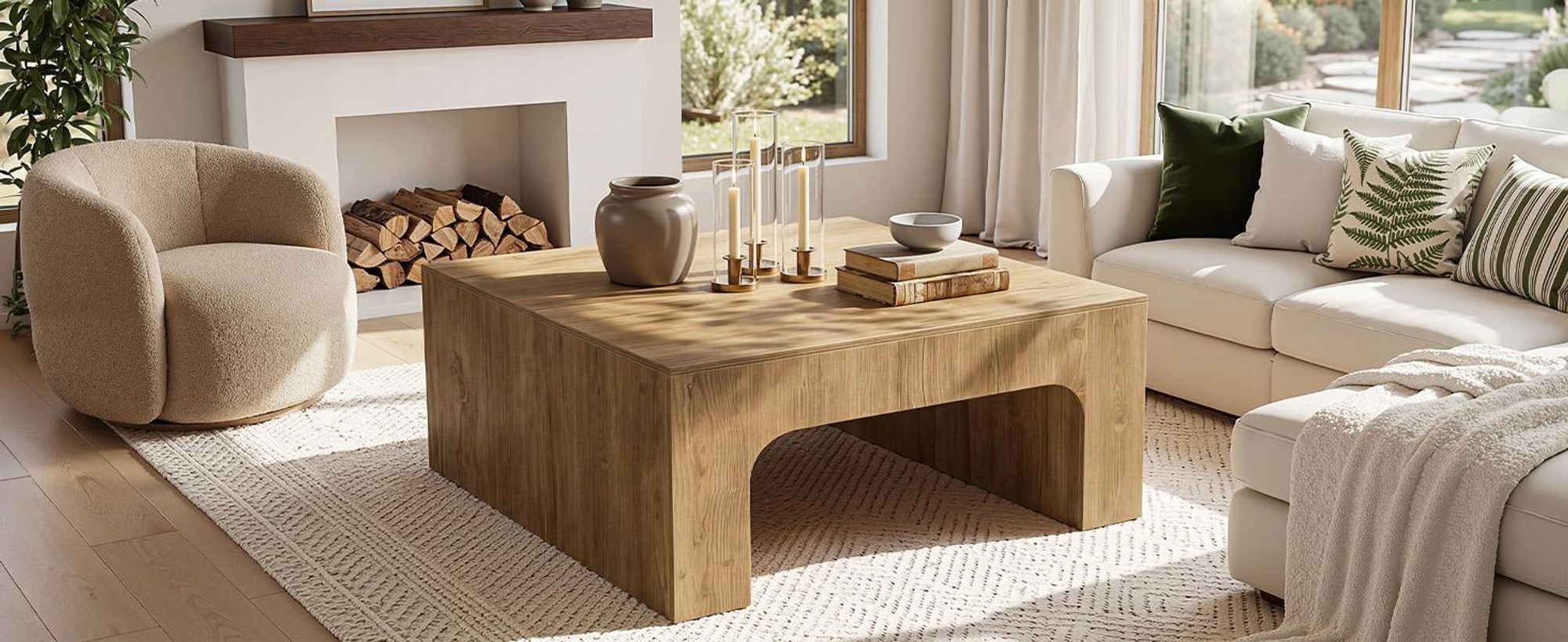 100 cm Quadratischer Couchtisch aus Holz, für das Wohnzimmer, Landhaus-Beistelltisch mit geschwungener Unterseite, einfache Montage