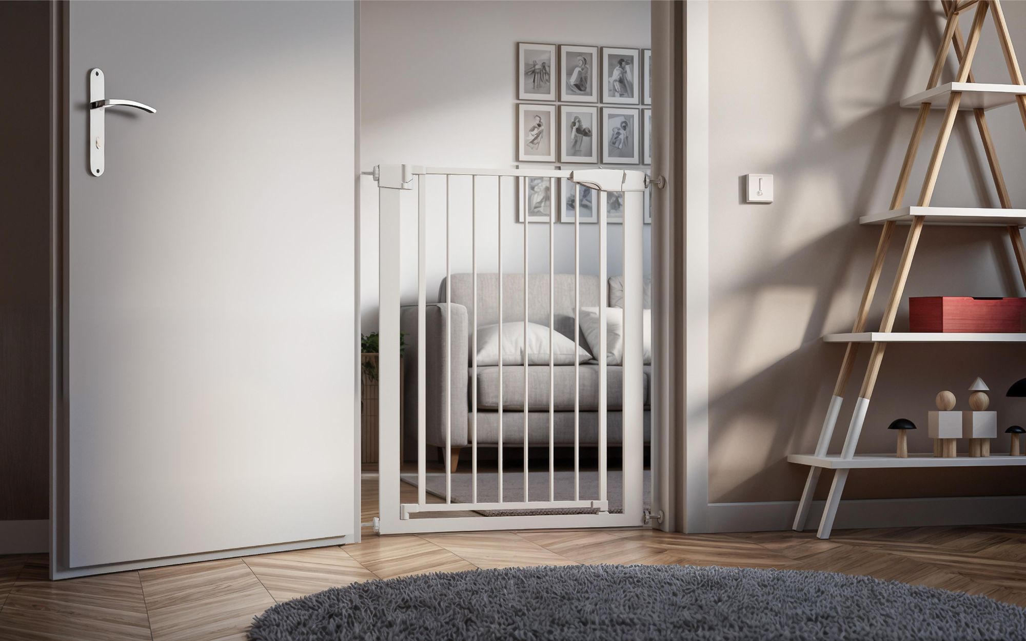 Treppenschutzgitter Tulano Guardian 5.0 Türschutzgitter Kindergitter Gitter Haustier | Verstellbare Breite: von 75 bis zu 117 cm| Weiß