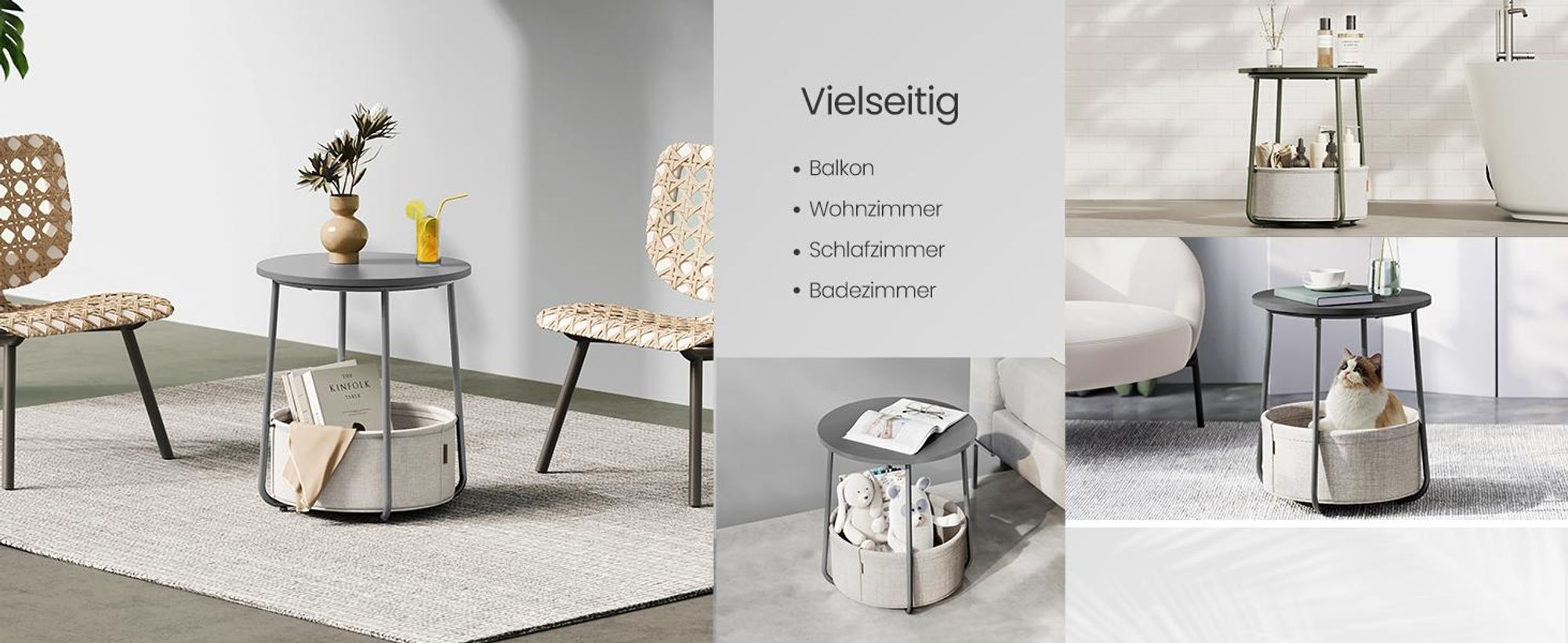 VASAGLE Beistelltisch, rund, mit Korb, Ø45 cm, zementgrau-wolkenweiß