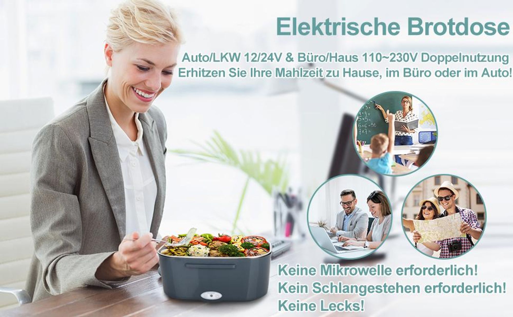 Elektrische Lunchbox, Tragbarer Warmhaltebehälter für Essen, Lunchbox für Erwachsene, 1.5L 60W Edelstahl Speisenwärmer für Auto, LKW, Büro & Zuhause
