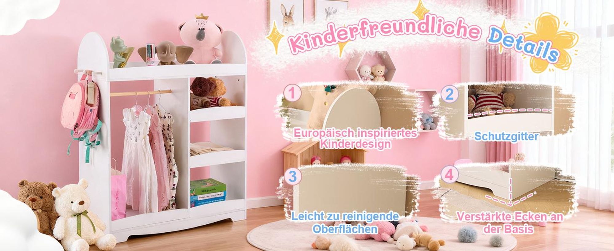 FCH kinderkleiderschrank mit 3 offener Ablagen, Haken, Kindergarderobe mit Kleiderständer, Weiß