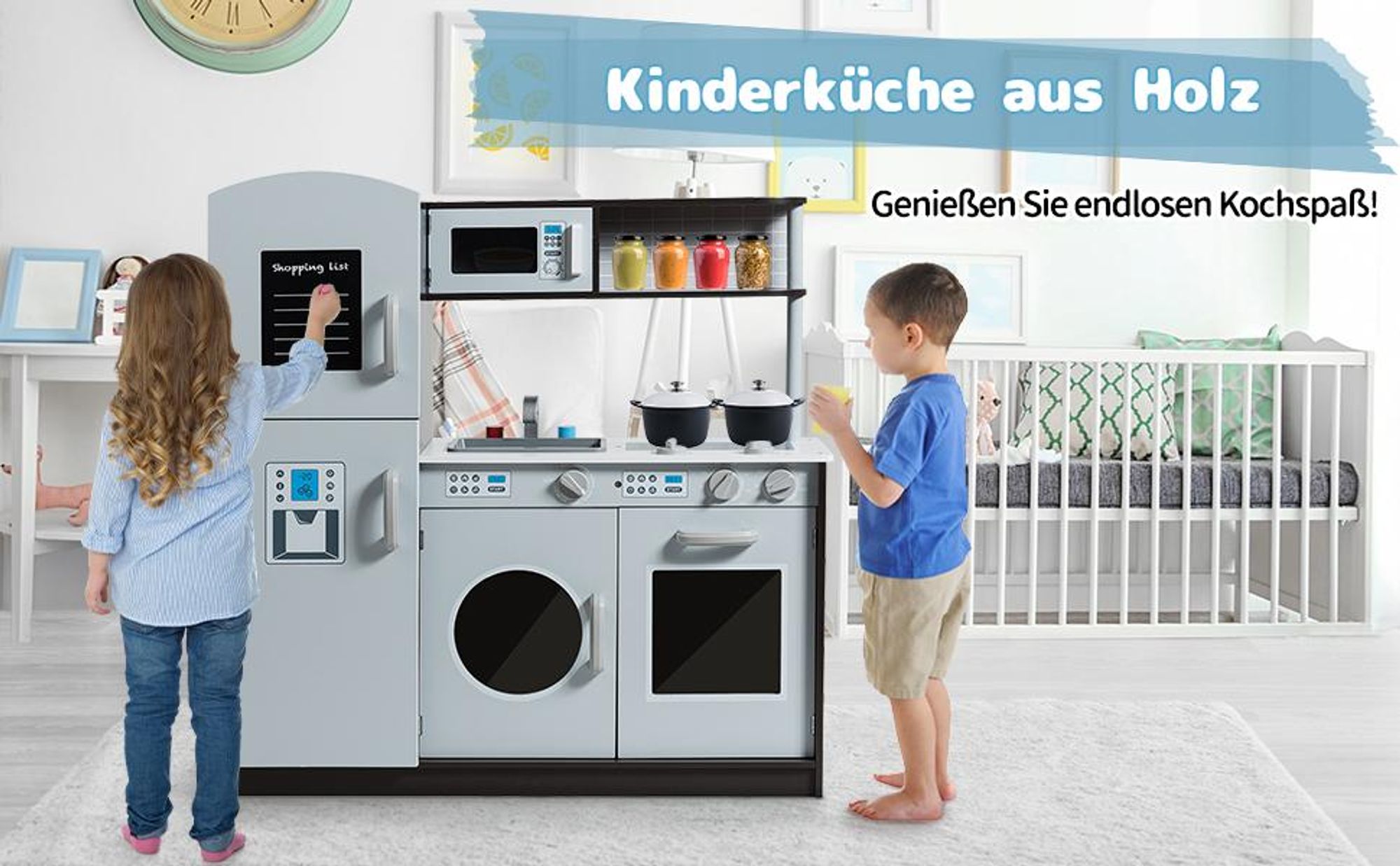 COSTWAY Kinderküche, Spielküche mit Tafel, Spüle, Wasserhahn, Klickgeräuschen, Herd, Backofen & Mikrowelle, Spielzeugküche für Kinder ab 3 Jahren