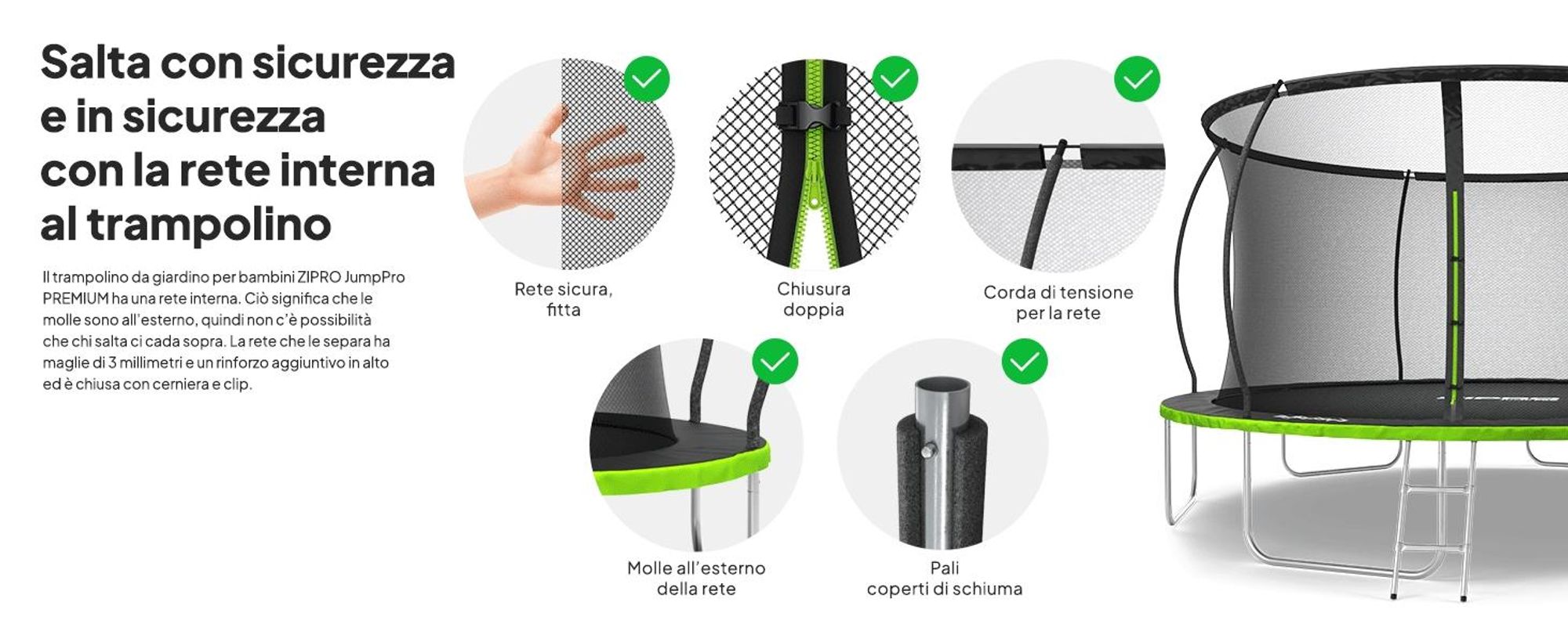 ZIPRO Trampolino Jump Pro Premium | 14FT Ø 435 cm | Trampolino da giardino Trampolino per bambini Set completo incl. rete, scaletta e copertura perimetrale, per esterni, verde