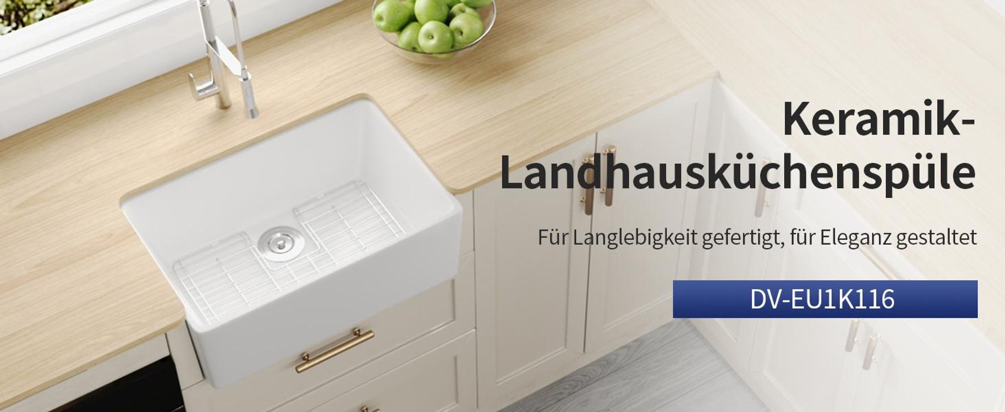 DeerValley Küchenspüle Keramik(60,5x40,8x20cm) – Farmhouse Küchenspüle Weiß, Einzelbecken Einbauspüle, Landhaus Spüle mit Edelstahl Gitter & Korbsieb