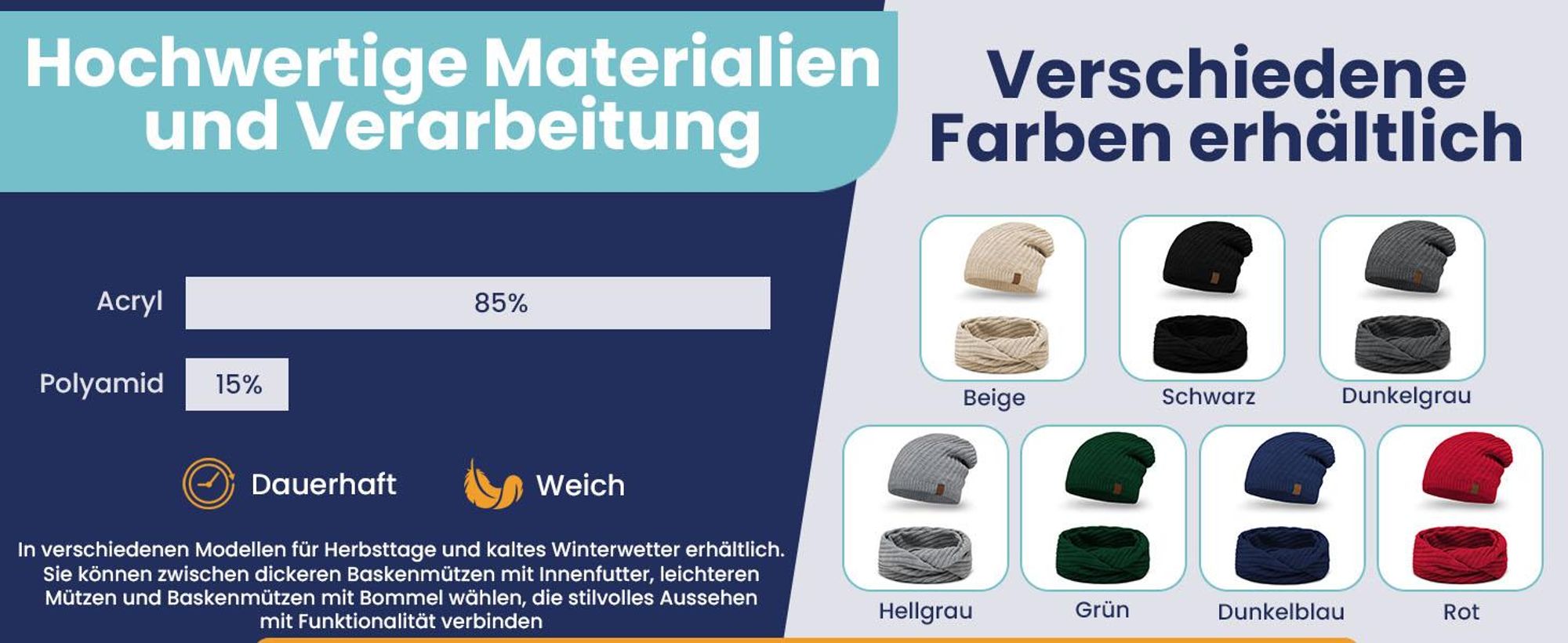 Vivisence damen beanie wintermütze und loop schal set warm kopfbedeckung und halsbedeckung an winter und herbst warm dick, winterset für frauen, hergestellt in der eu, dunkelgrau, einheitsgröße