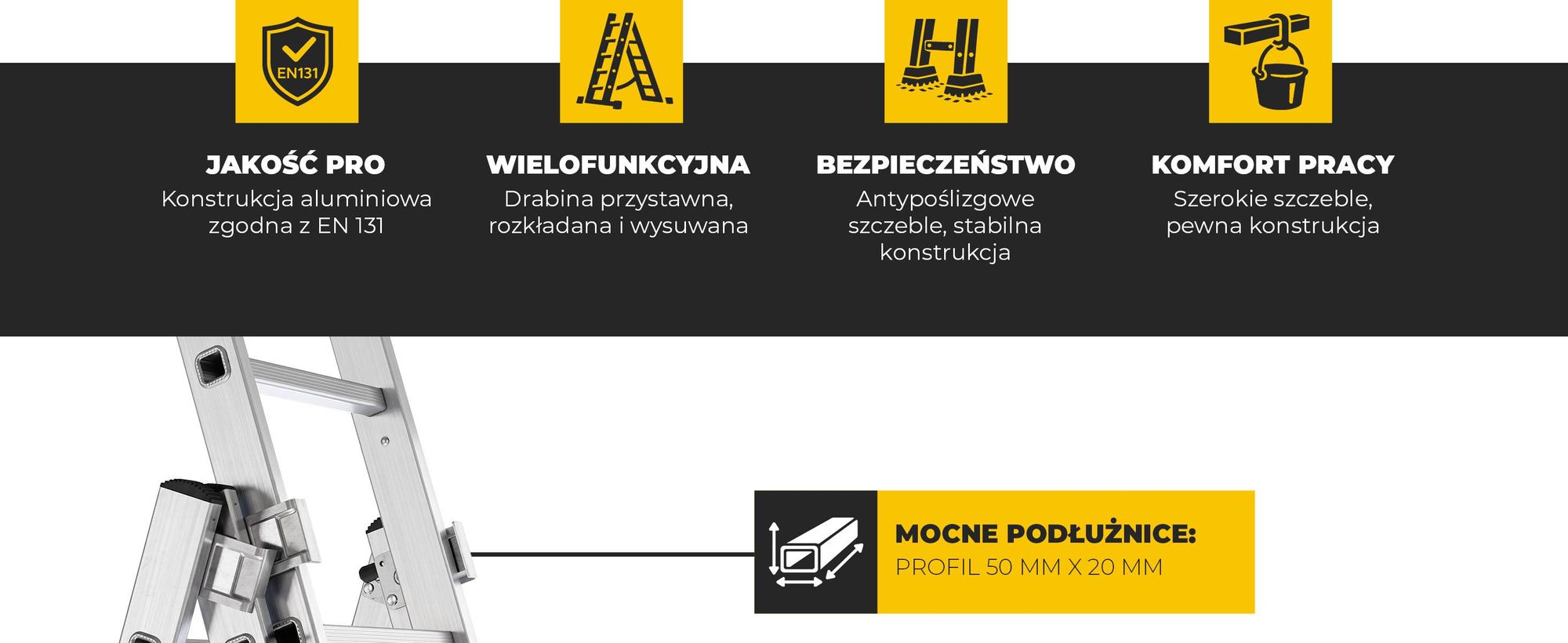 Drabest | Drabina Aluminiowa 3x8, Wielofunkcyjna Wysuwana Składana, Antypoślizgowe Szczeble, Stabilizator, Do 150 kg, Wysokość Robocza 4.97 m