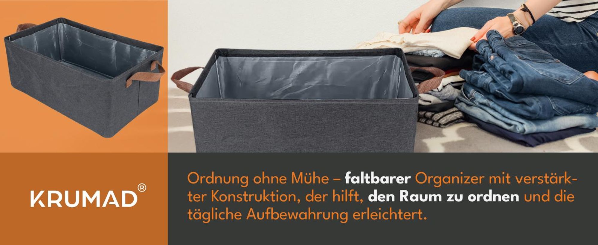 KRUMAD Aufbewahrungsbox Stoff faltbar 47x28x20 cm – Kleiderschrank Organizer Box ohne Deckel für Kleidung & Schrankorganisation, Grau