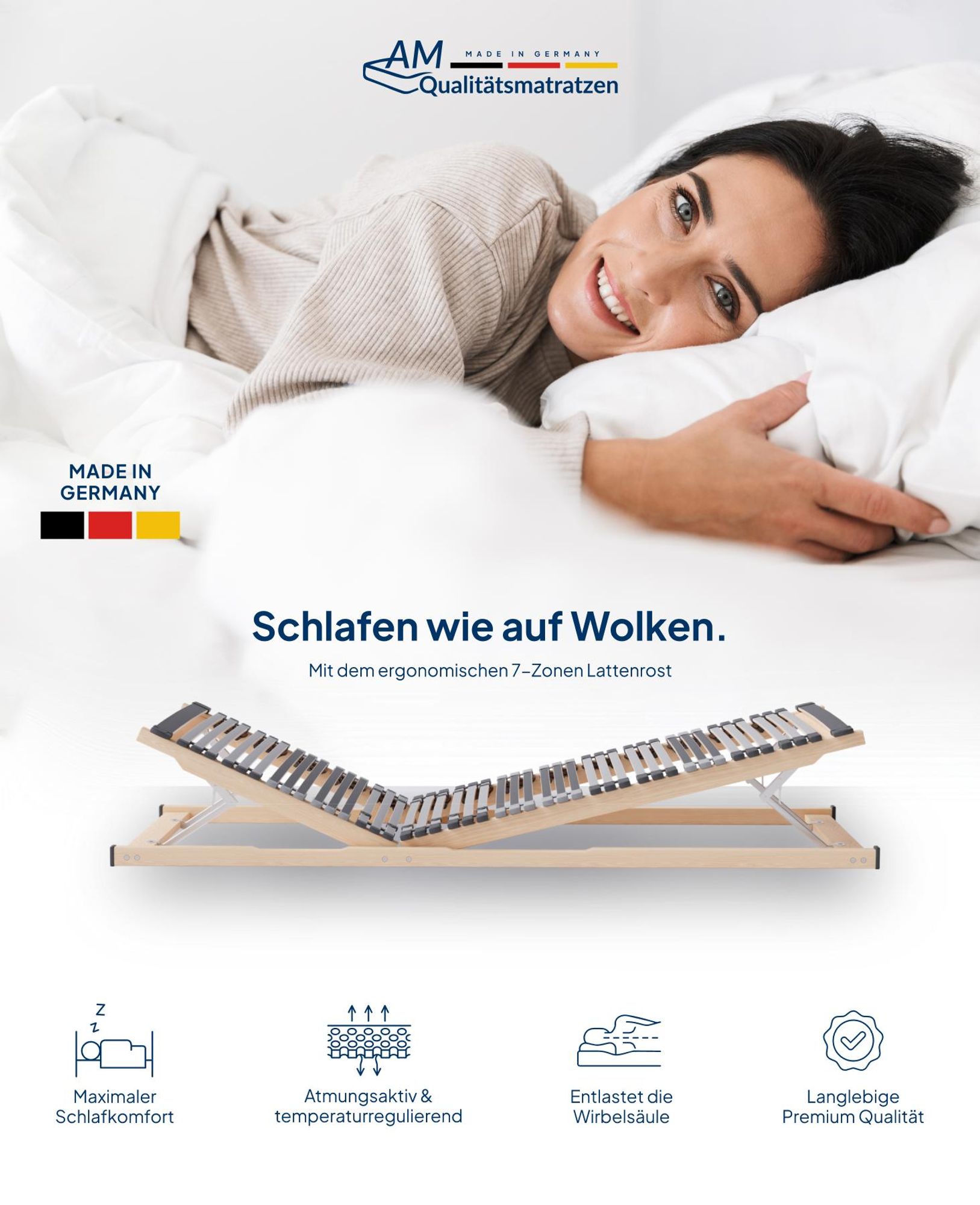 AM Qualitätsmatratzen Ergonomischer 7-Zonen Lattenrost, Standard doppelt, Sperrholz, Klapprahmen, 900 mm, 2000 mm, 95 mm