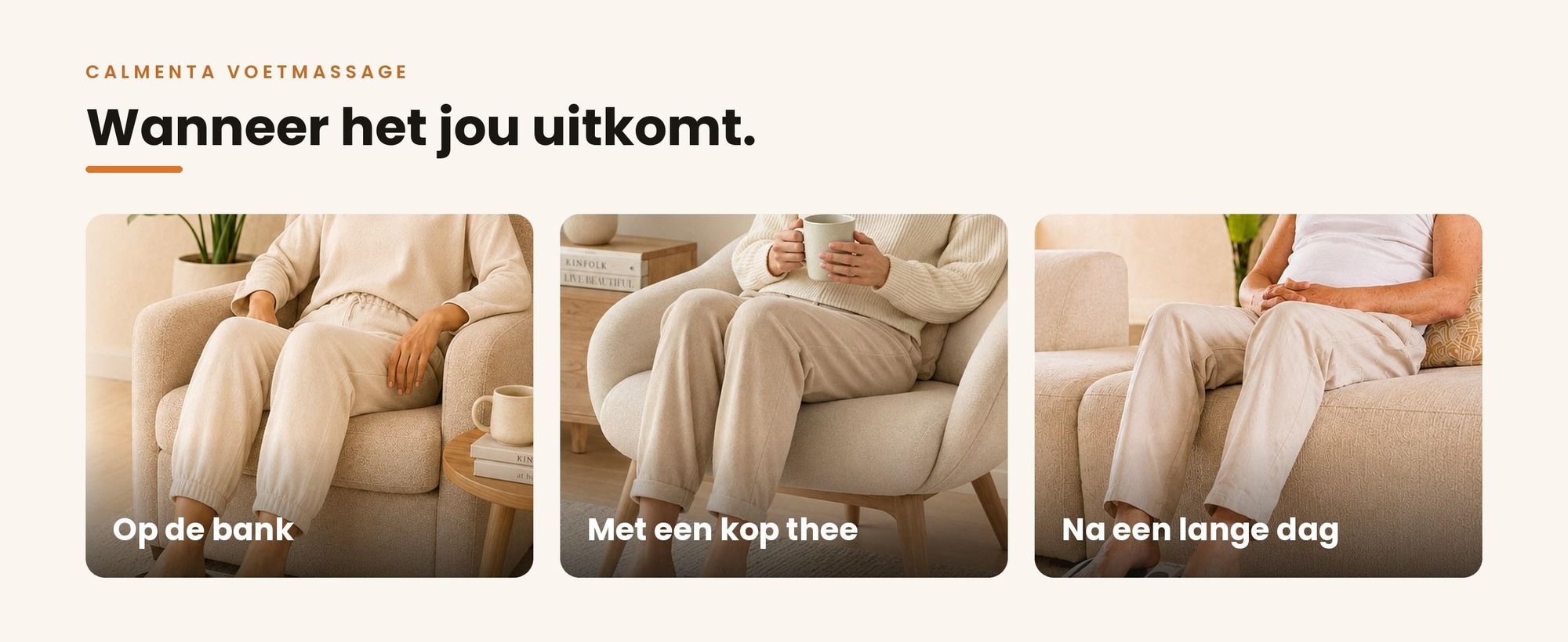 Mensen gebruiken de Calmenta voetmassage thuis op de bank en in een stoel
