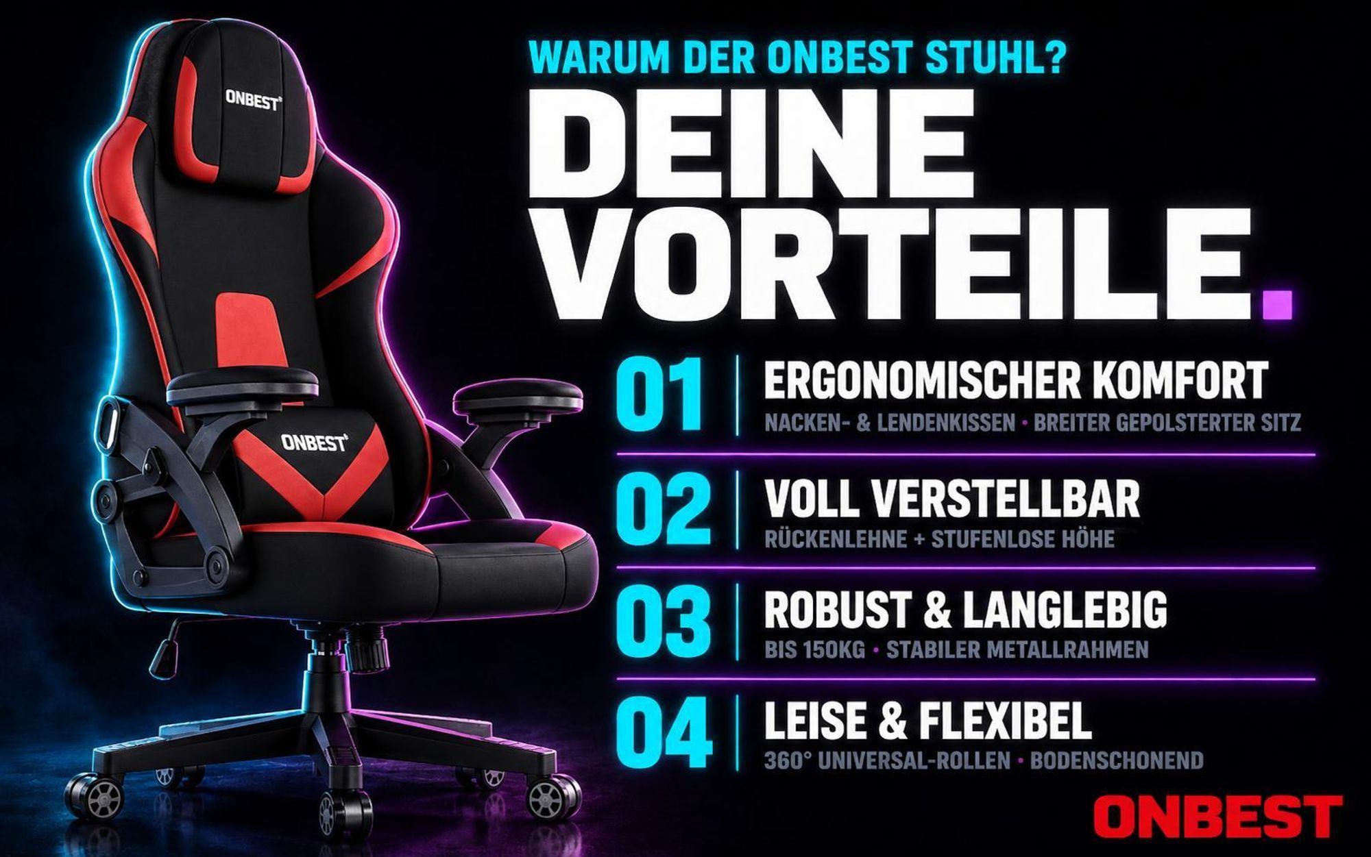 ONBEST Gaming Stuhl | Ergonomisch | mit Lordosenkissen | 150 kg | 360° | verstellbare Armlehnen Kopfstütze Rückenlehne