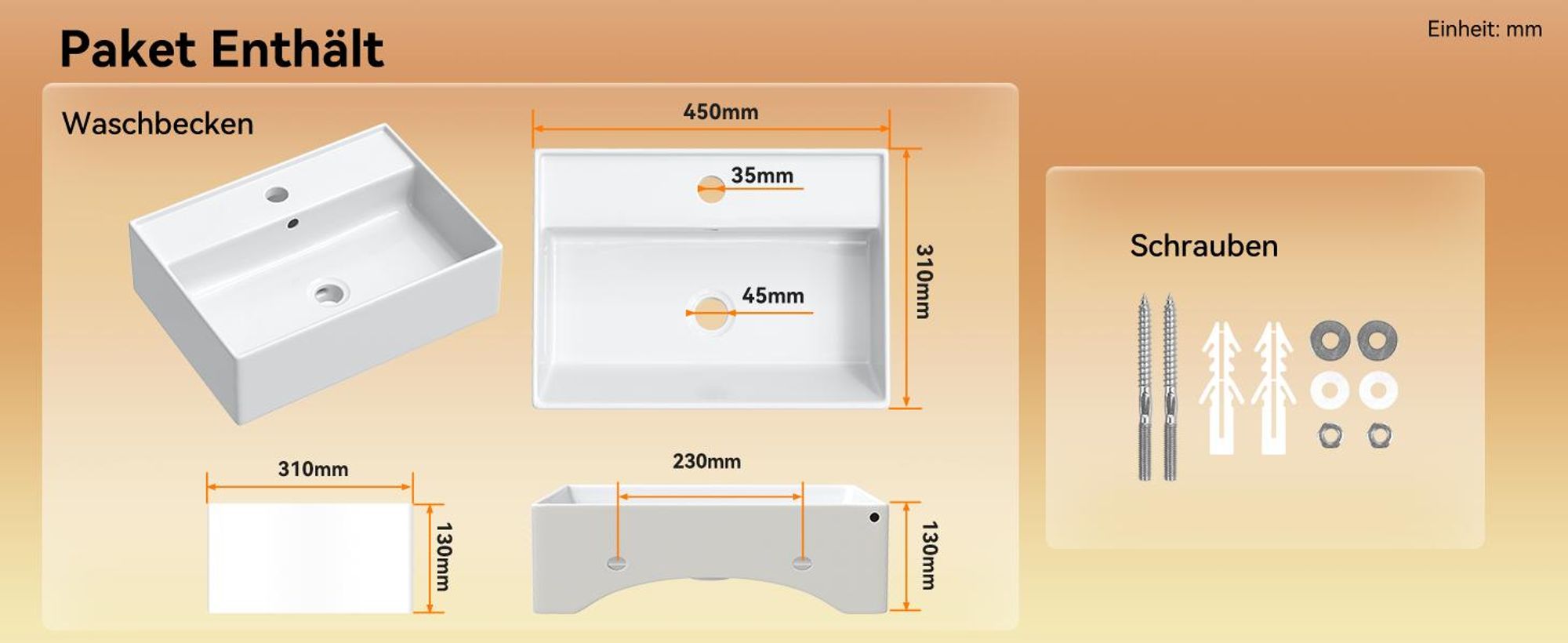 HOROW Wand Waschbecken Rechteckig Bad Hängewaschbecken dünnem Rand Design Aufsatzwaschbecken mit Hahnloch und Überlauf 45x31 cm
