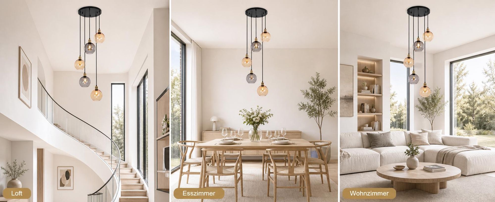 ZMH Hanglamp 5 lichts glas 160cm hoogte verstelbare pendellamp voor trappenhuis villa woonkamer eetkamer slaapkamer gang hoge plafonds