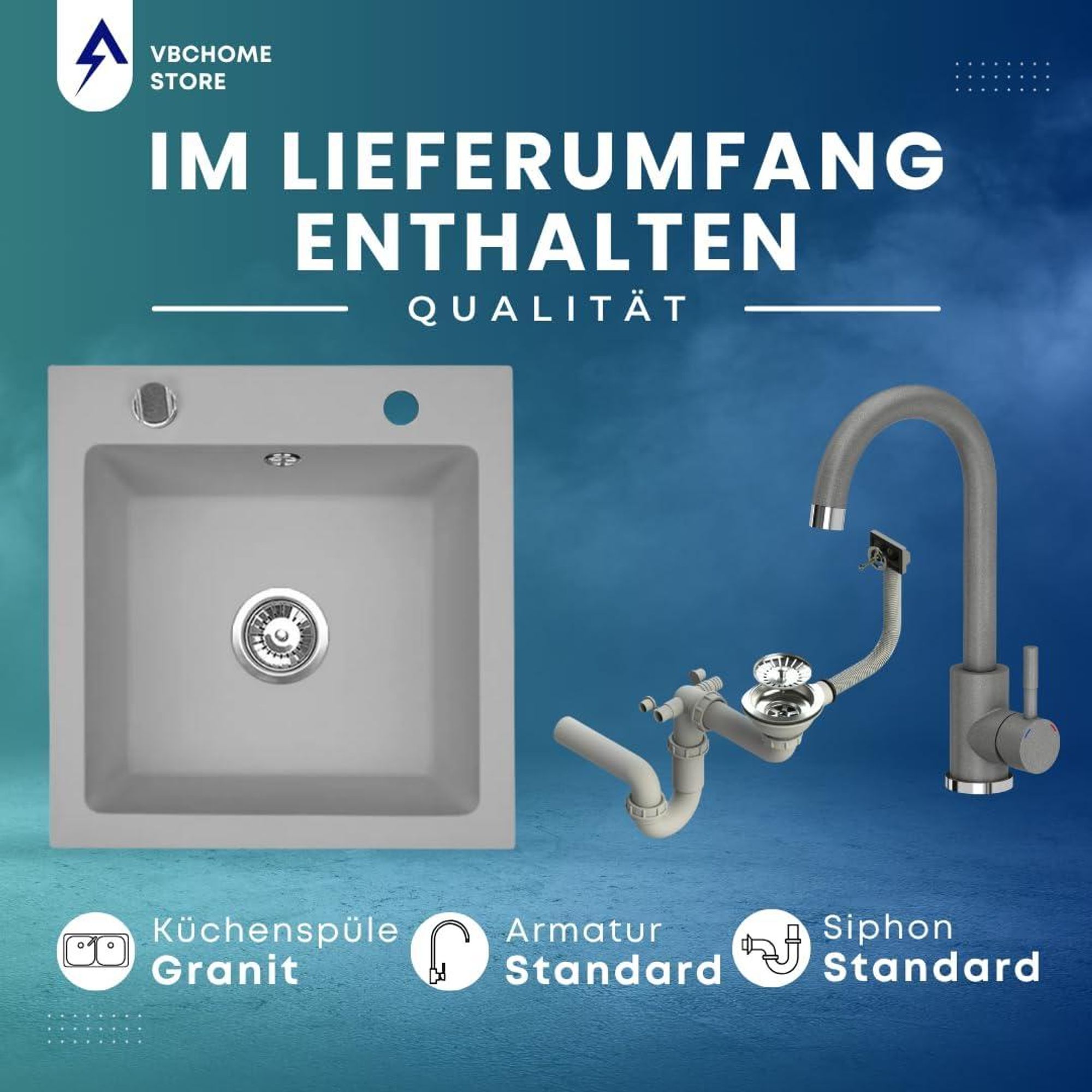 VBChome Granitspüle 50 x 48 cm Grau mit Armatur Einzelbecken Einbauspüle Gesprenkelt Pflegeleichtes Spülbecken mit Siphon Ideal für kleine Küchen