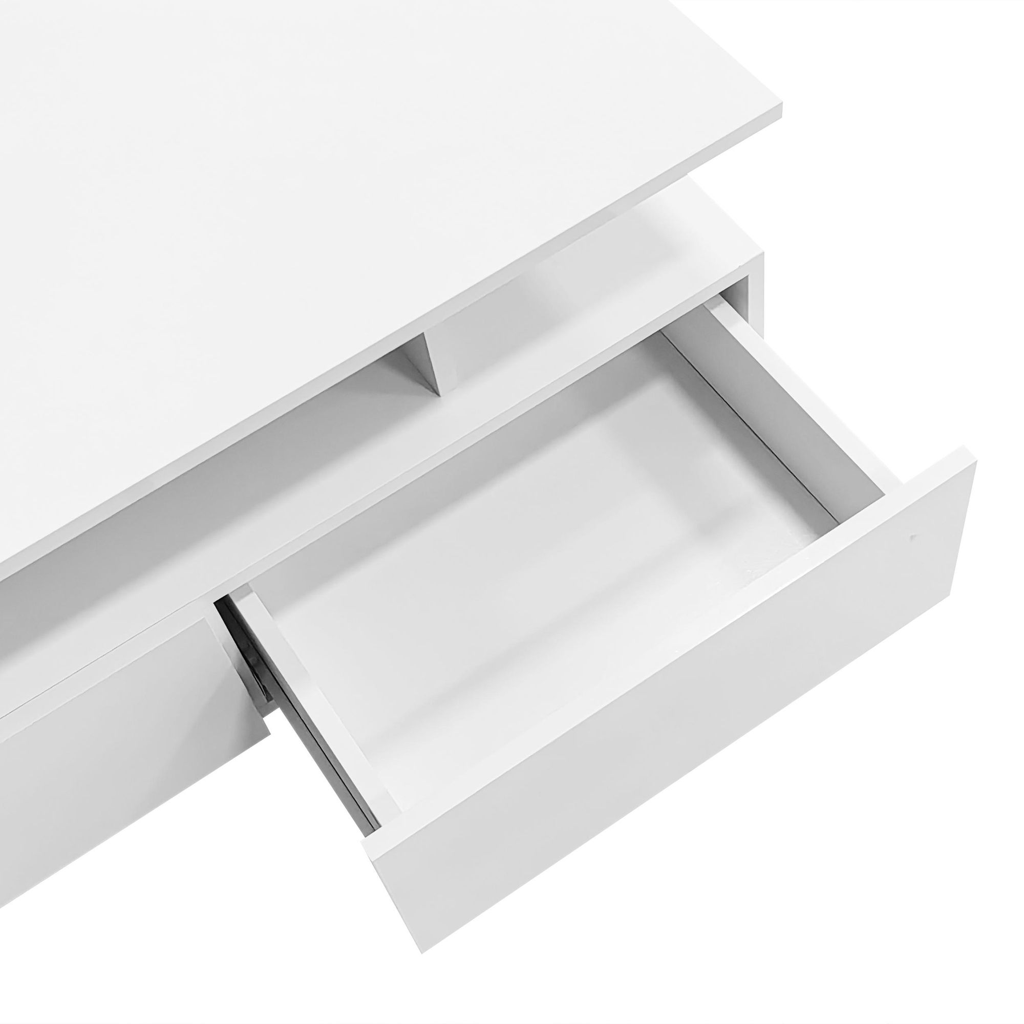 Merax Hochglanz-Couchtisch mit LED 90x55x41 cm, Beistelltisch mit 2 Schubladen, Sofatisch mit Stauraum und Fernbedienung – Weiß