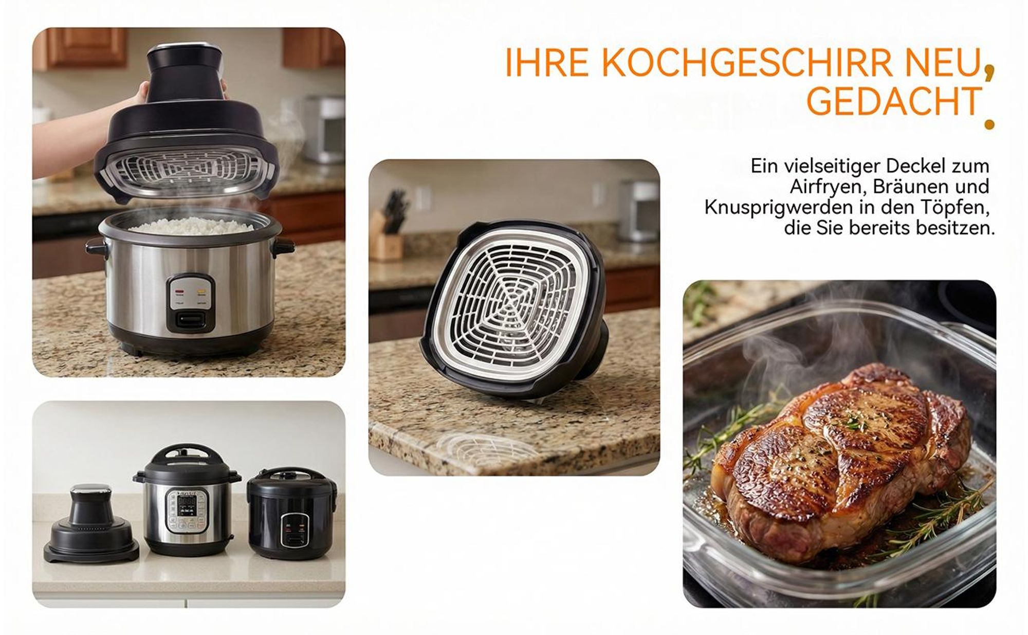 Tragbare Air Fryer Heißluftfritteuse, 4 l+4 l, 4-in-1: Heißluftfrittieren, Braten, Warmhalten, Recrisp, 2 Herausnehmbare Glasbehälter & Deckel, 1800W