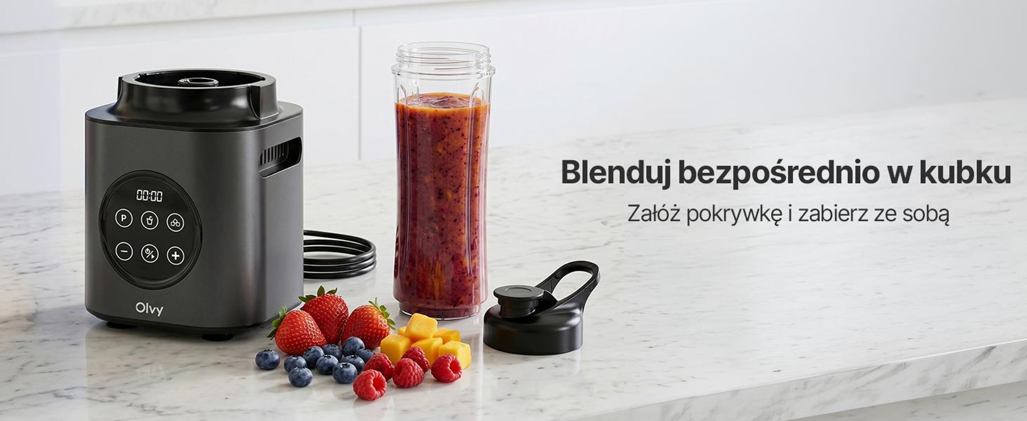 Blender kielichowy Olvy 1000W, dzbanek szklany 1,5L, kubek Tritan 600ml, 9 prędkości, Pulse, kruszenie lodu Funkcja smoothie i koktajli mlecznych
