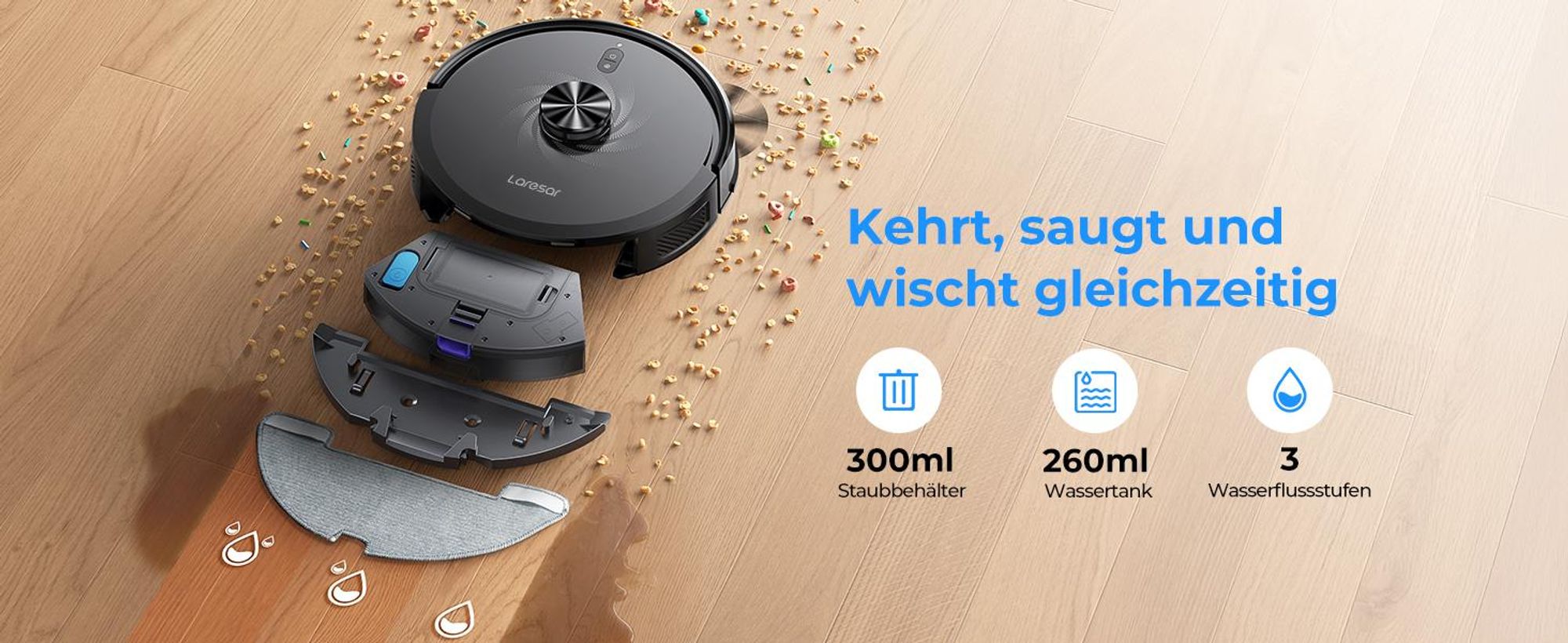 Laresar Lasernavigation Staubsauger Roboter, Roboter Staubsauger mit 10000Pa,kehren, Saugen und Wischen 4 in 1,L30+
