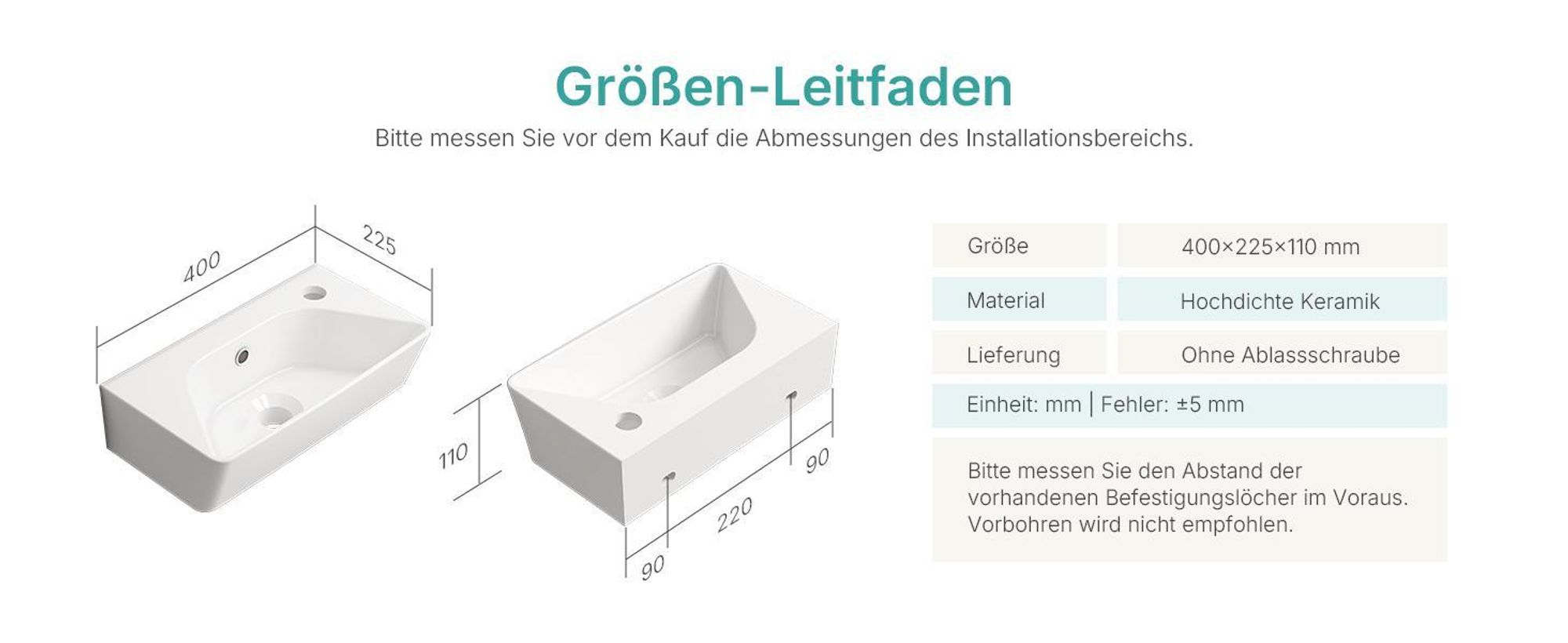 EMKE Wandwaschbecken Keramik Rechteckig 400x225mm Weiß Glänzend Modernes Hänge Waschbecken mit Armaturloch & Überlauf für Gäste-WC & kleines Bad