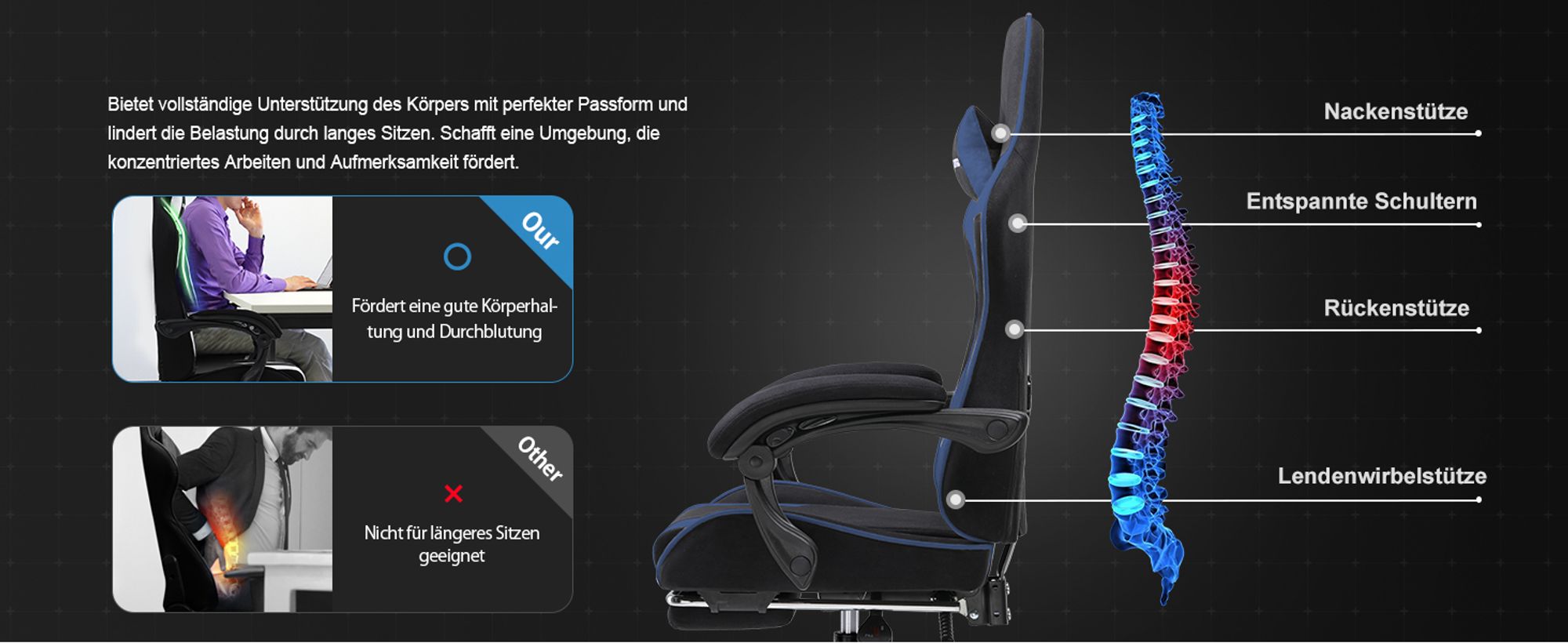 GTPLAYER Bürostuhl Gaming Stuhl Stoff Gaming Sessel Ergonomischer Gamer Stuhl mit Fußstütze, Kopfstütze Lendenkissen, Gepolstert Gaming Chair, BLAU