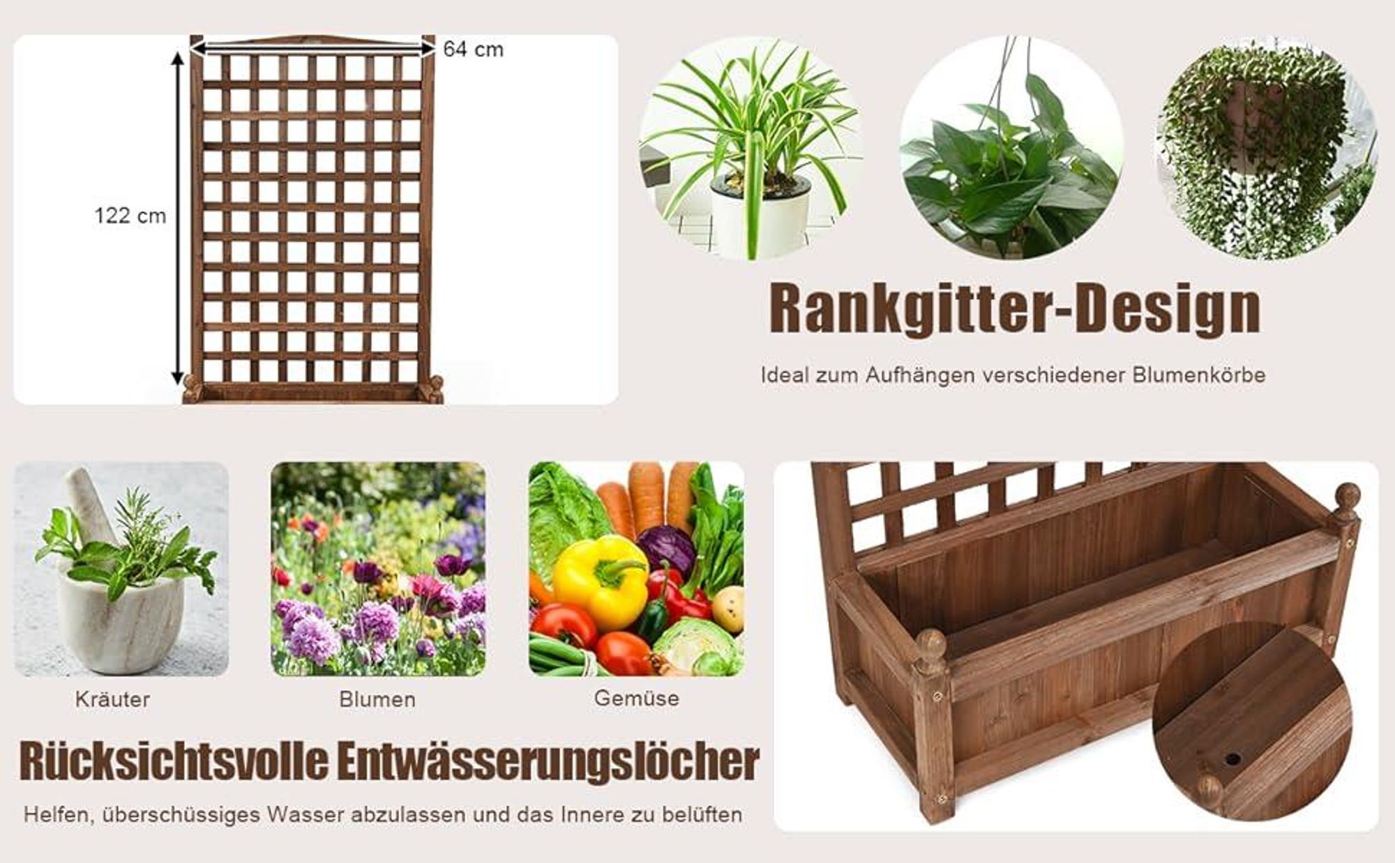 COSTWAY Blumenkasten mit Rankgitter, Pflanzkasten Holz, Hochbeet mit Spalier&Drainagelöchern, Gartenspalier Rankkasten für Garten 64,5x28x120 cm Braun