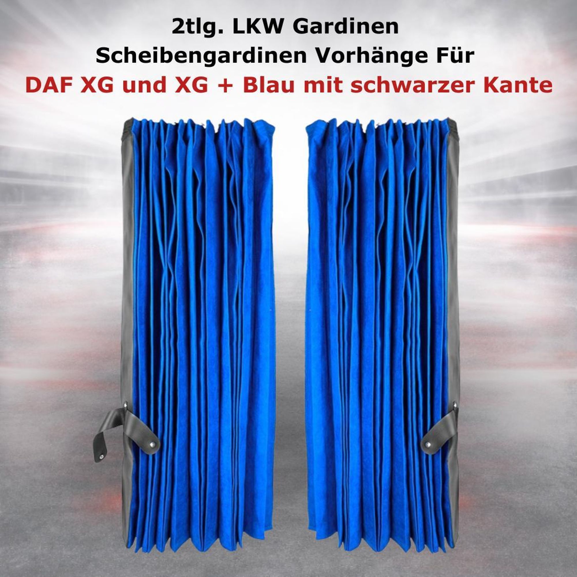 2tlg. LKW Gardinen Scheibengardinen Vorhänge Für DAF XG und XG + Blau mit schwarzer Kante