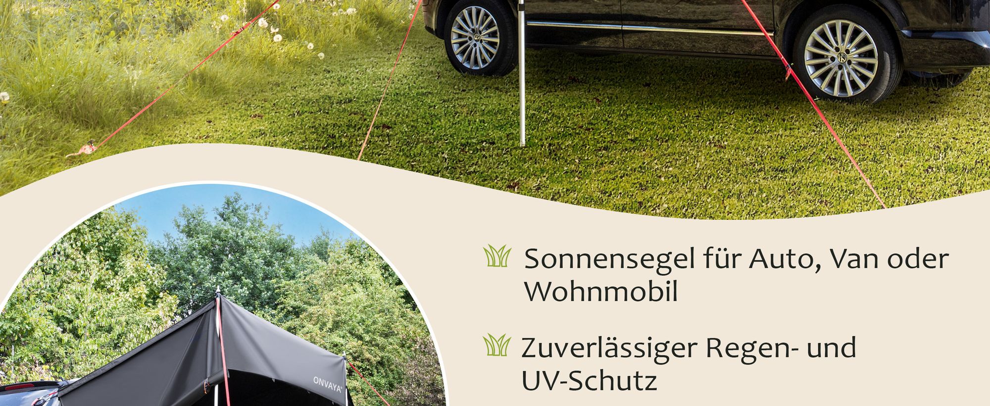ONVAYA® Auto-Sonnensegel Grau | Schutz vor Wind, Regen, Sonne (UV99) | 6 Aufbauvarianten | Schneller und einfacher Aufbau | Für PKW, Van und Wohnmobil