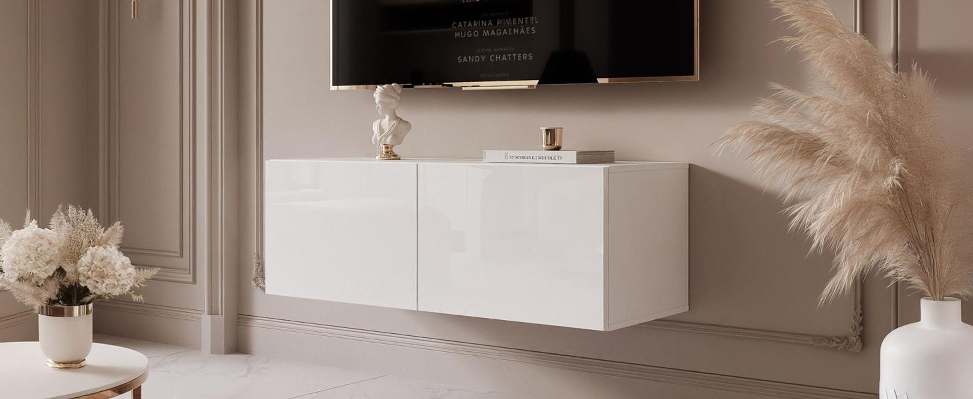 Idohome TV-Lowboard Angel 100 cm Weiß Hochglanz – Fernsehschrank, Wohnzimmer, TV-Schrank, Medienmöbel, Hängeschrank mit LED-Beleuchtung, Push-to-Open