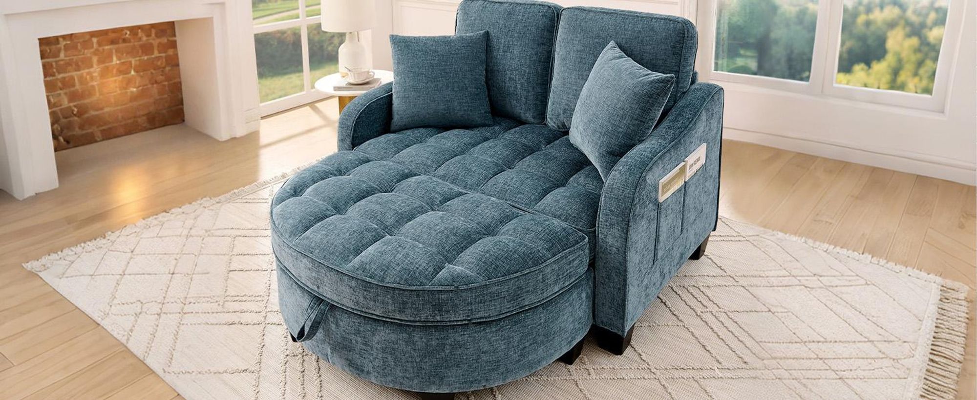 MODFU Multifunktionales Sofa Schlafsofa mit Aufbewahrungs-Hocker,Relaxsofa mit rutschfeste Kunststoffbeine,Blau
