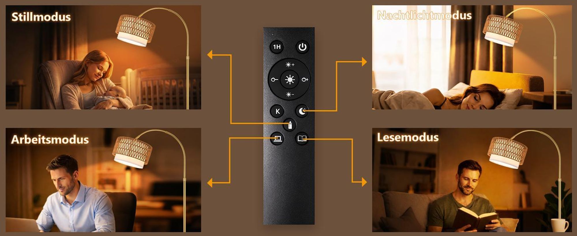 ZMH Stehlampe Boho Rattan Bogenlampe Gold dimmbare Stehleuchte mit Fernbedienung E27 LED Bogen Leselampe 350° drehbar Standlampe für Schlafzimmer Büro