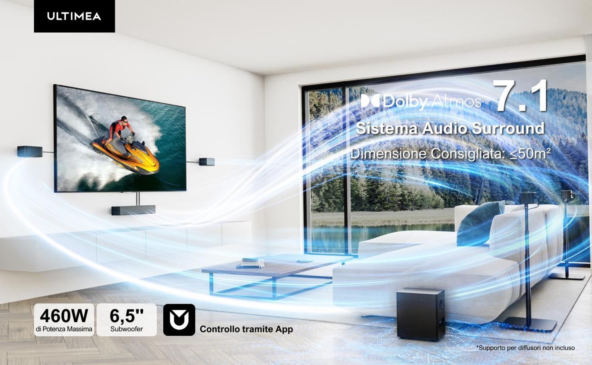 ULTIMEA 7.1 soundbar Dolby Atmos per TV, sistema surround home cinema, Poseidon D80 Boom