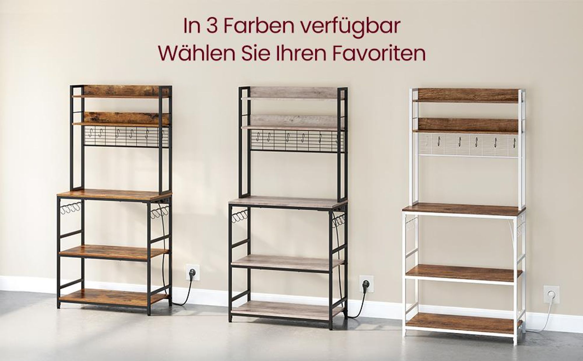 VASAGLE Küchenregal, Standregal mit Steckdosen, Gitterplatte, 14 Haken, 40 x 80 x 170 cm