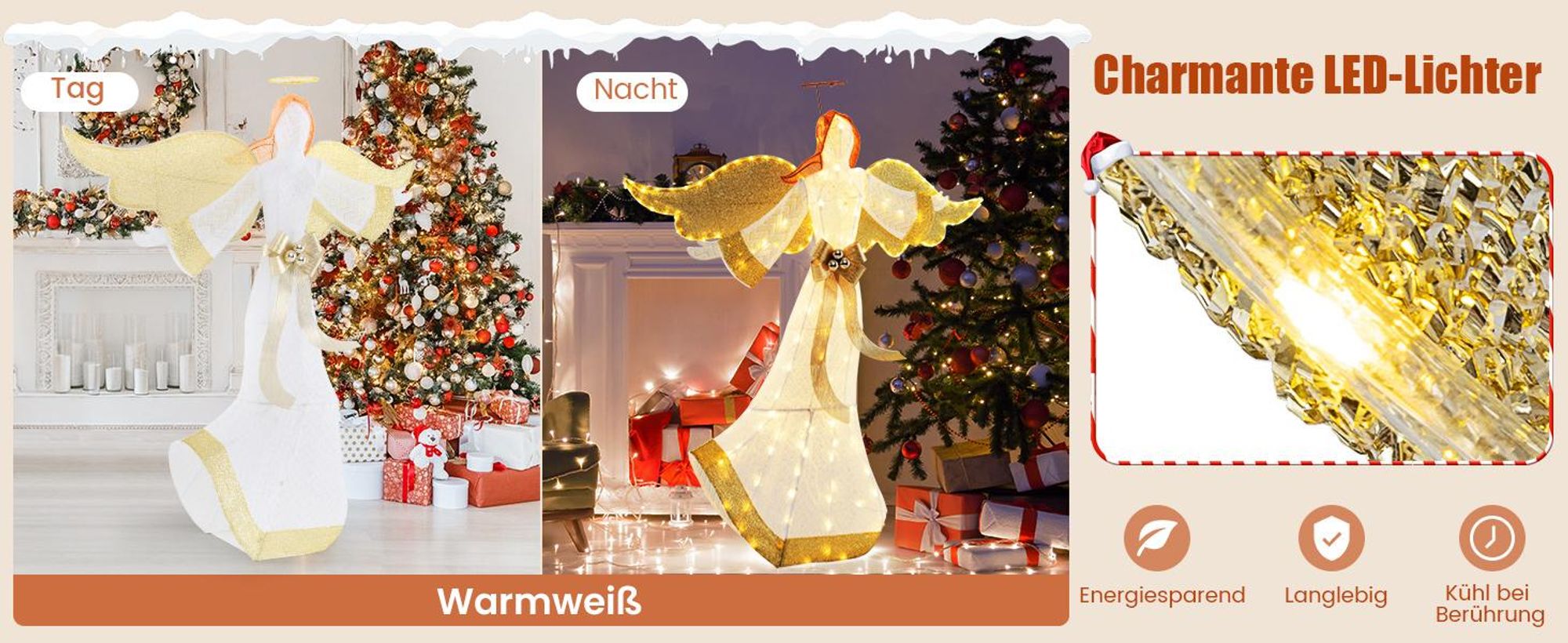 COSTWAY beleuchteter Weihnachtsengel 160cm, geflügelte Weihnachtsdeko mit 180 warmweißen LEDs, Heiligenschein & Flügeln, Weihnachtsfigur