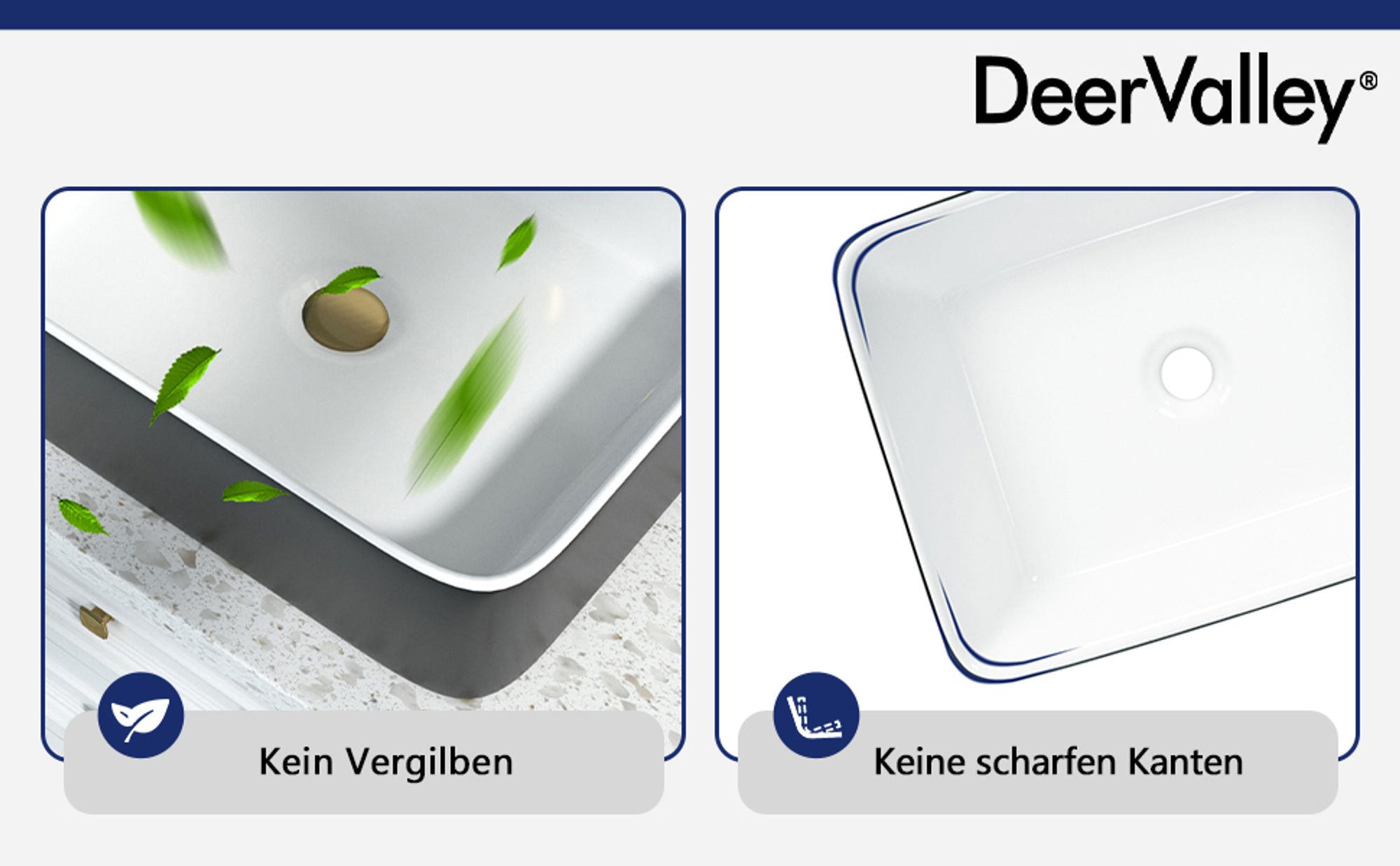 DeerValley DV-1V0001 Badezimmer-Waschbecken 48cm x 37cm Aufsatz-Waschbecken Rechteckiges Keramik-Waschbecken Schwarz und Weiß