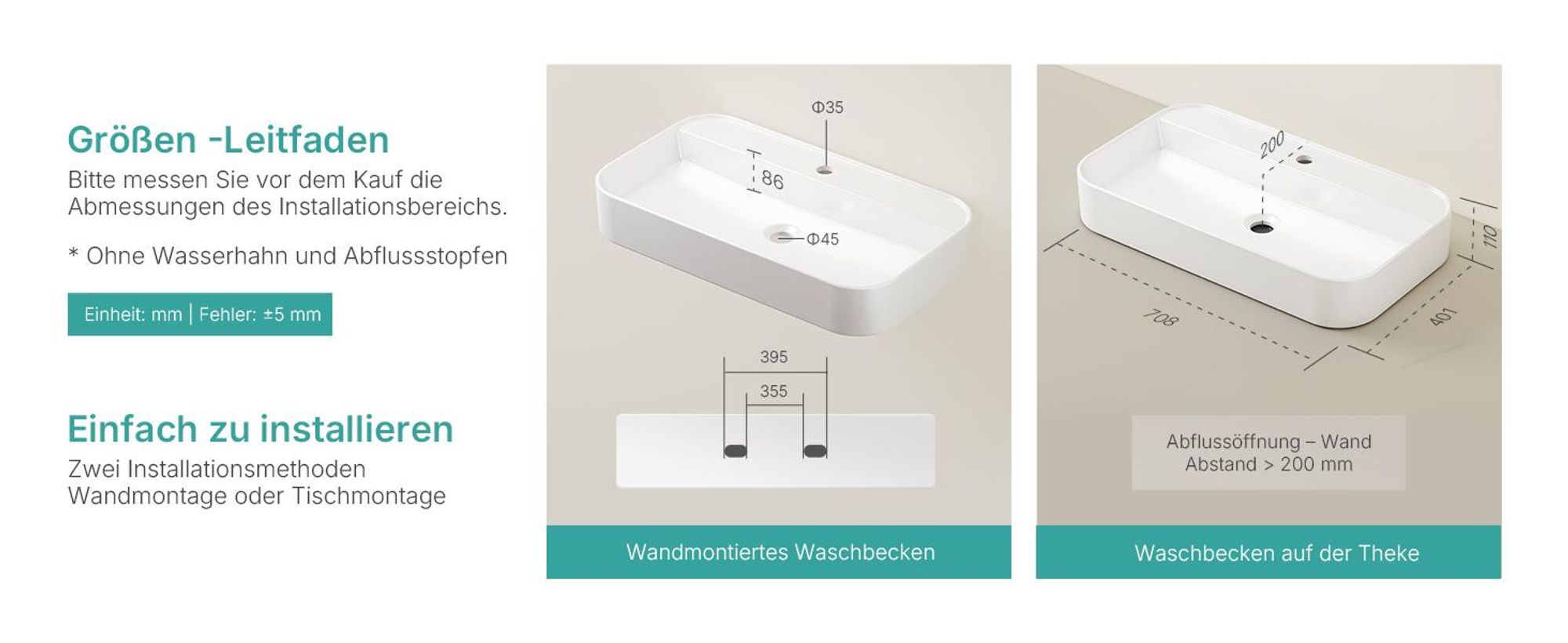 EMKE Aufsatzwaschbecken Keramik Waschbecken Hängewaschbecken Eckiger Waschtisch 700×110×400 mm Weiß Mit Hahnloch