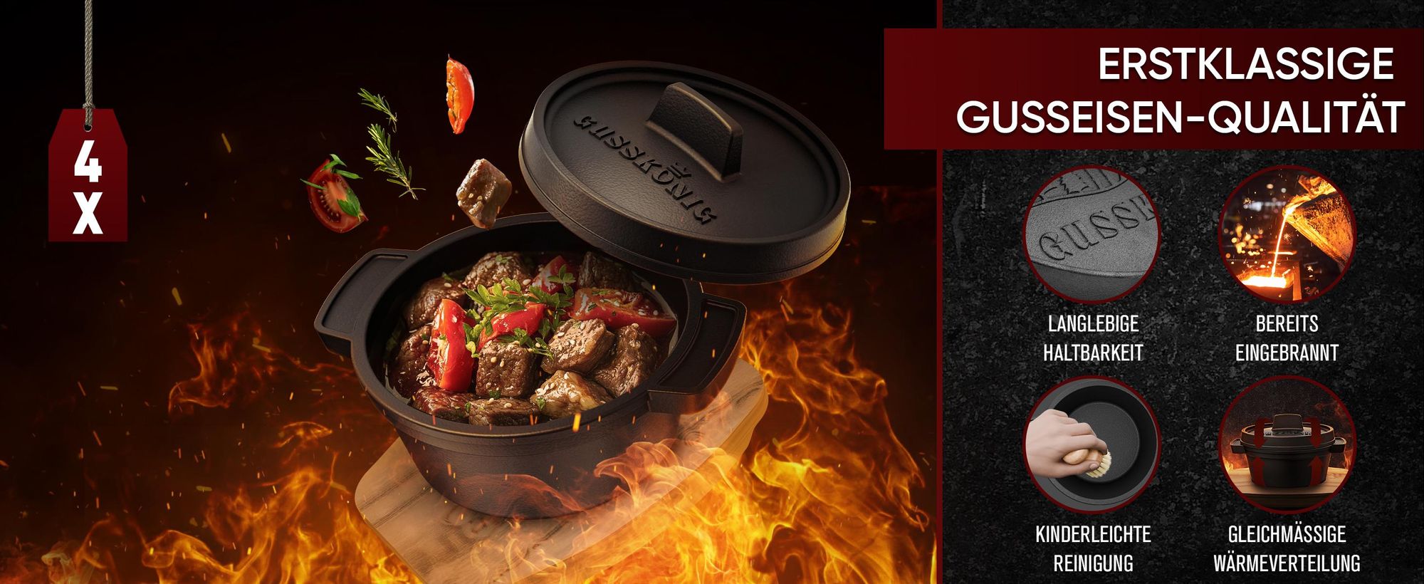 GUSSKÖNIG Dutch Oven Set Mini mit Holz-Untersetzer - 4x 300ml Gusseisen Mini Topf mit Deckel
