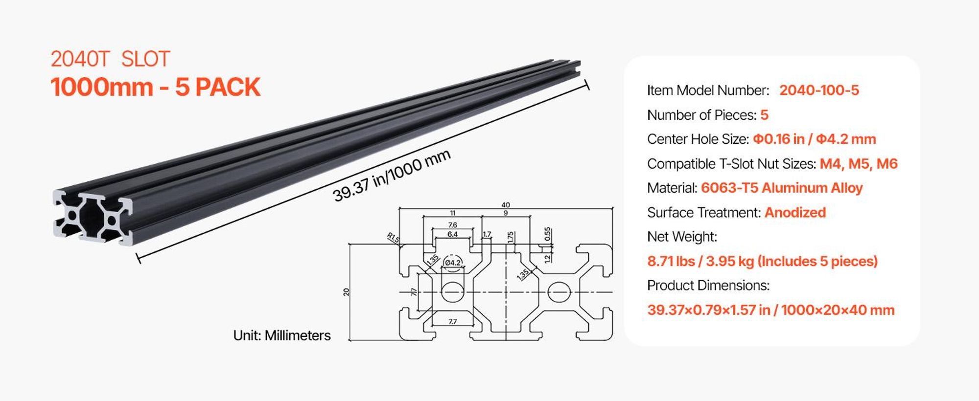 VEVOR 4PCS 39,4 in (1000mm) T-Slot 2040 Aluminium-Extrusionsprofil, Europäischer Standard anodisierte Linearführung, hochfester extrudierter Aluminium-Schienen für 3D-Drucker, CNC-Maschinen DIY, Lasergravur, Schwarz, 2040 Serie-d, 1000 mm-a