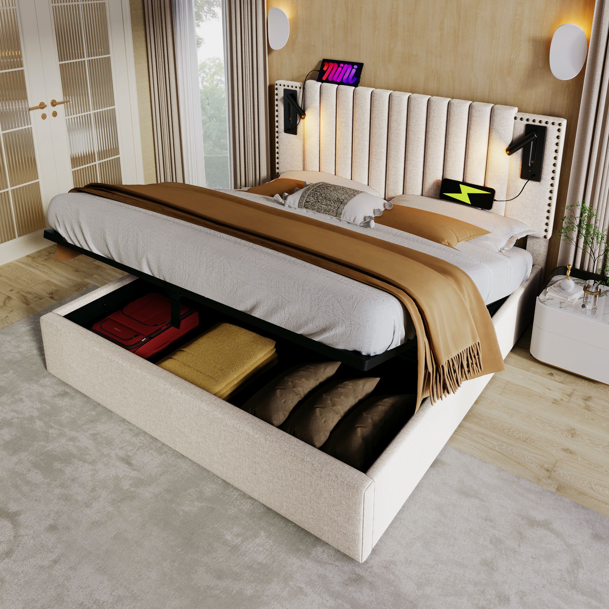 Flieks Polsterbett 160x200cm mit Leselampe, Doppelbett Stauraumbett Boxspringbett mit Ladefunktion (USB, Typ-C), Jugendbett mit Lattenrost, Baumwolle