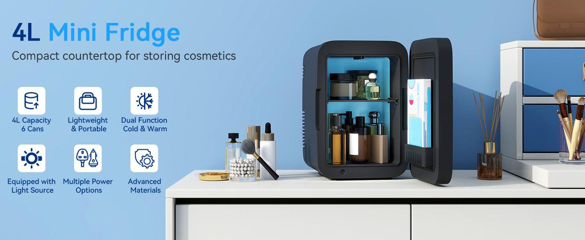 Puluomis Mini-koelkast 4L met LED-spiegel, draagbaar, geschikt voor cosmetica, als koelbox en verwarmingsbox, zwart