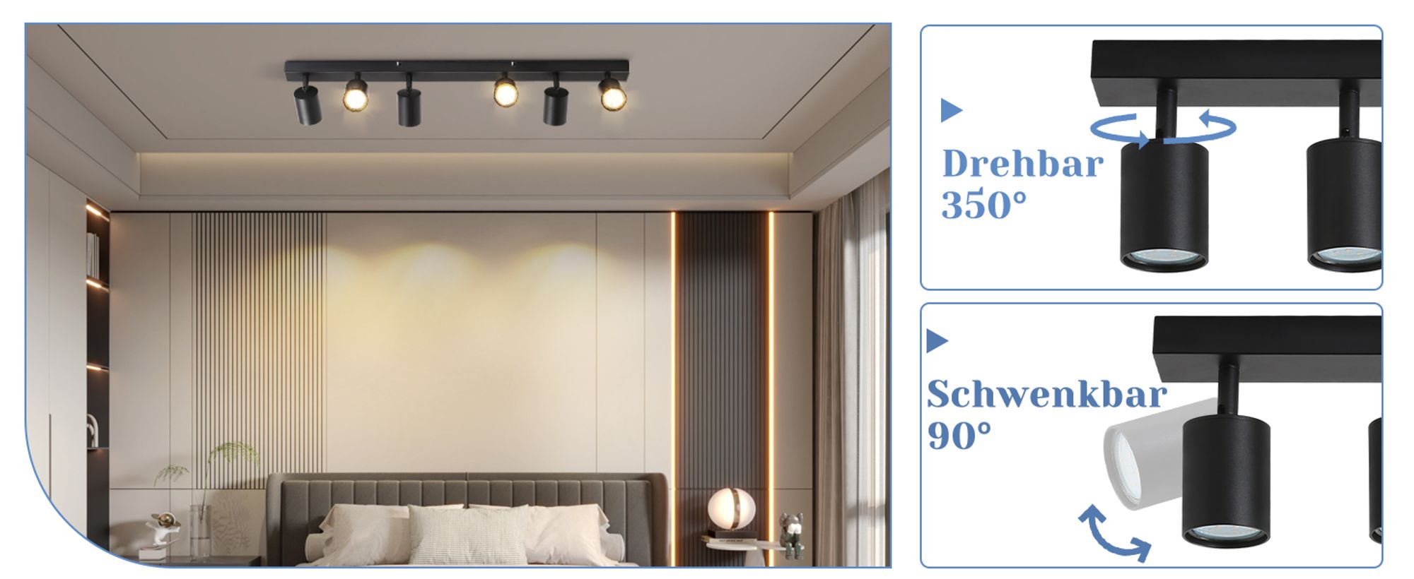ZMH LED Deckenstrahler 6 Flammig Deckenlampe GU10 Metall Deckenspots Schwenkbar 350° Deckenleuchte Schwarz für Wohnzimmer Schlafzimmer Flur