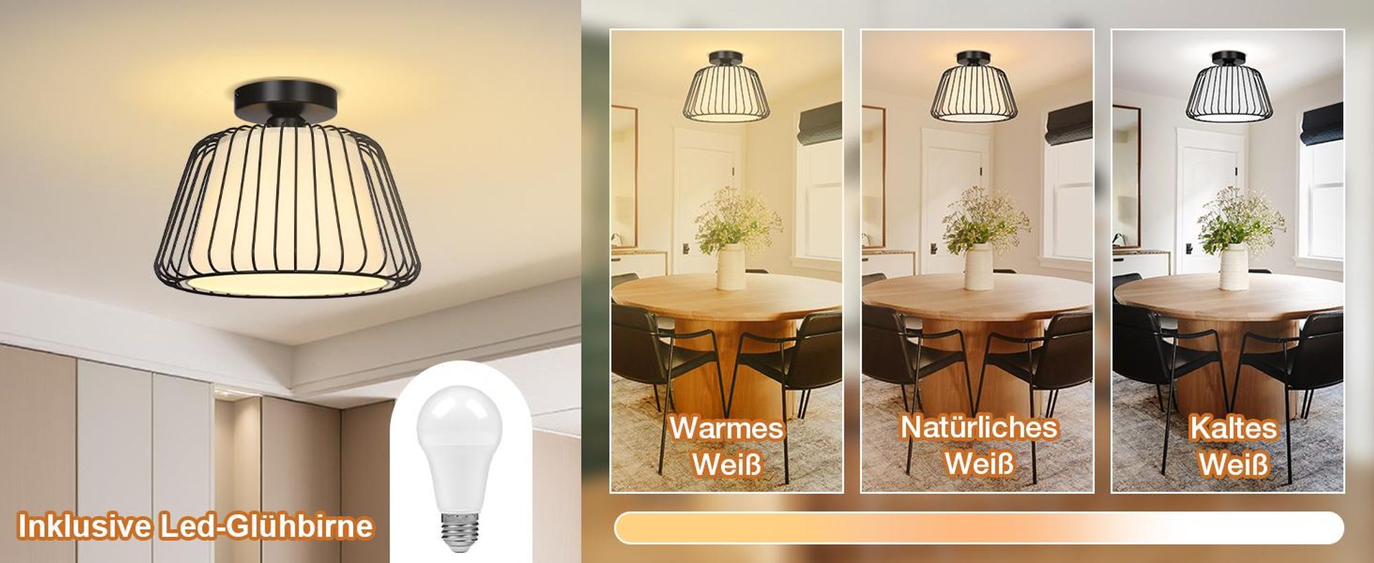 Deckenleuchte Modern Schwarz Metall Deckenlampe E27 Fassung Weiß Stoffschirm mit LED Glühbirne für Wohnzimmer Schlafzimmer Esszimmer Flur