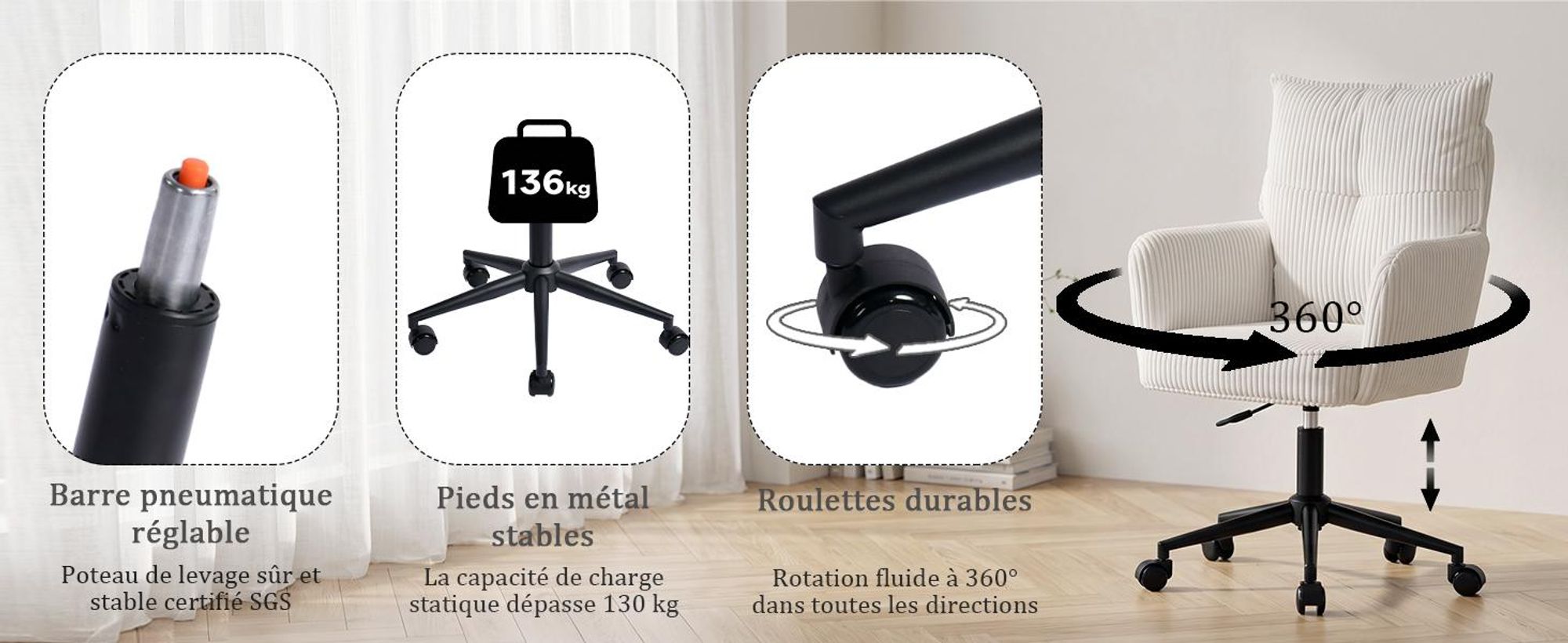 Chaise de bureau Duhome pivotant à 360° Chaise de bureau en velours côtelé Chaise pivotante Chaise de maquillage Réglable en hauteur Chaise d'ordinateur, blanc
