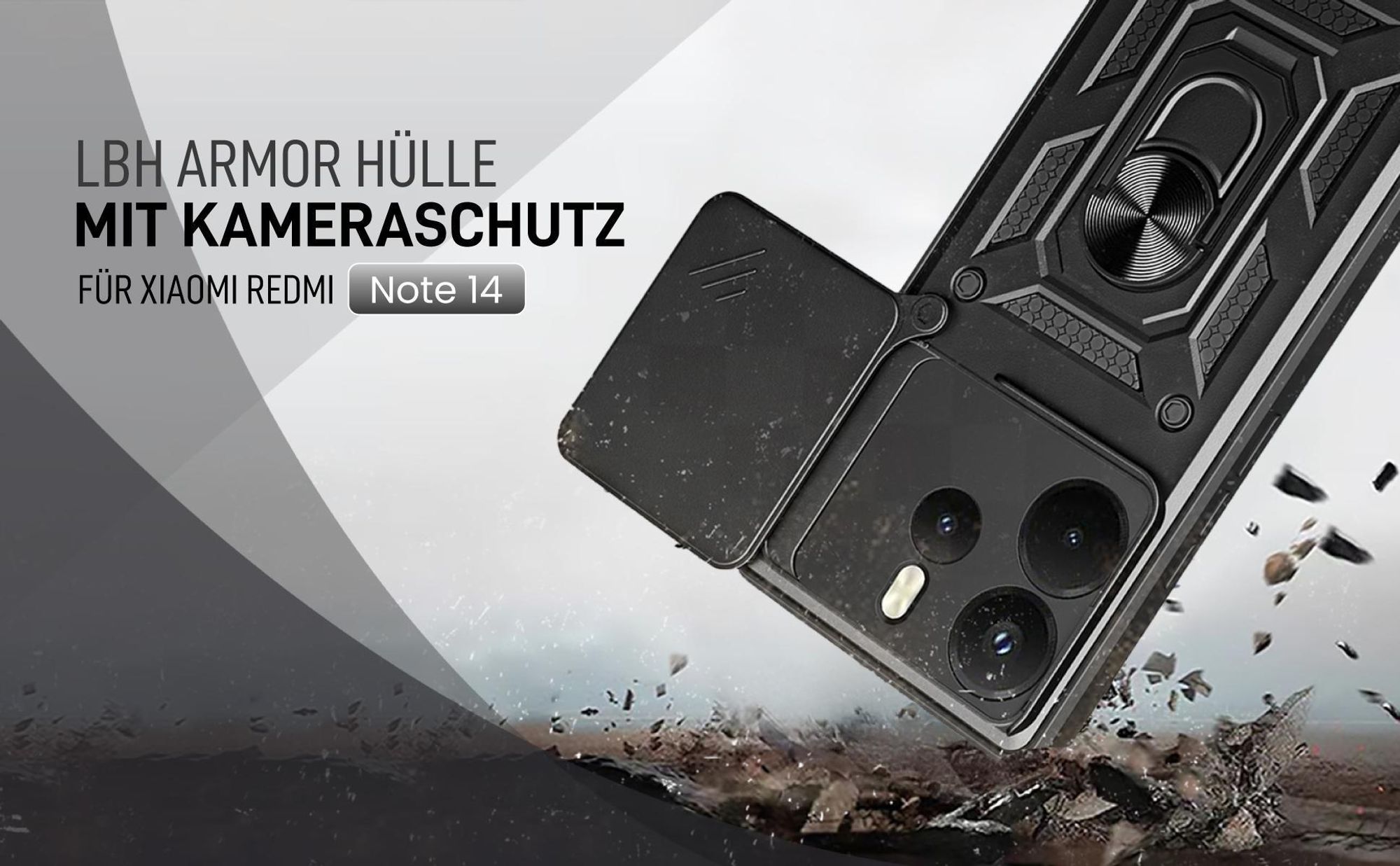 Schwarze Outdoorhülle mit Kameraschutz für Xiaomi Redmi Note 14